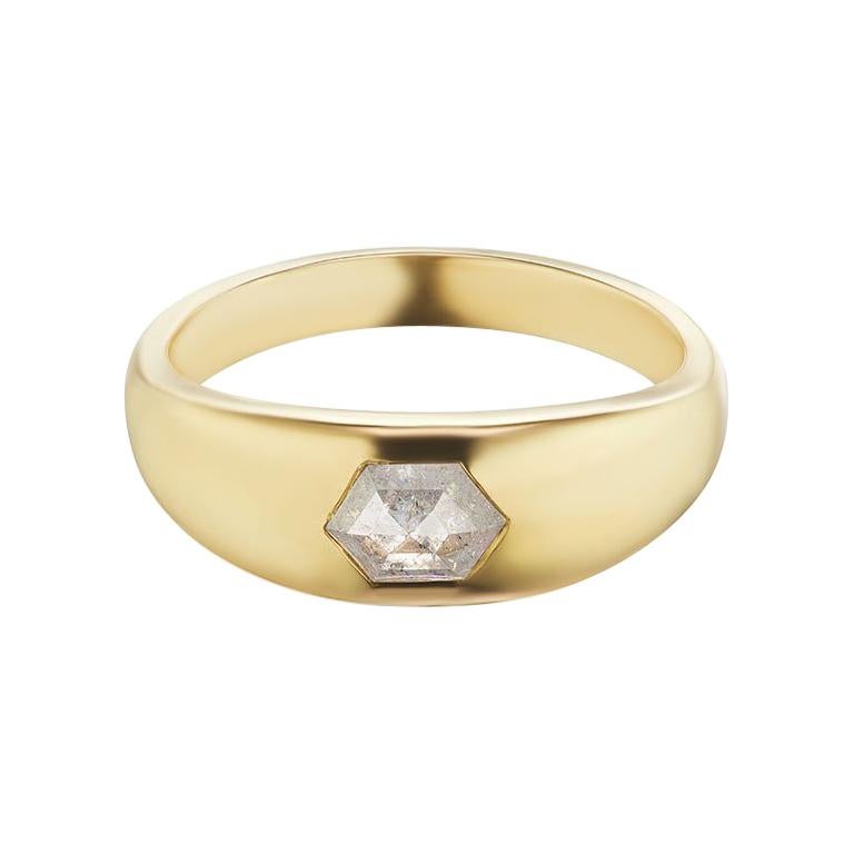 Maniamania Enigma Ring in 14k Gold with a One of a Kind Hexagon Rustic Diamond For Sale