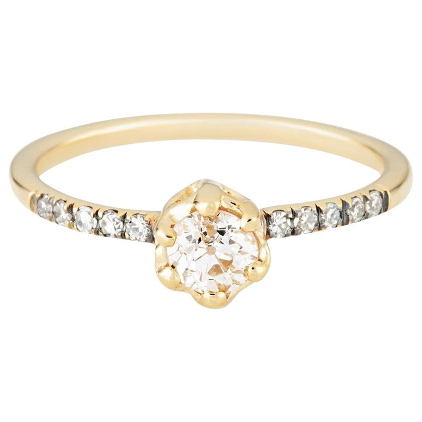 Maniamania Entity Engagement Ring in 14k Gold with Old Euro Diamond and Pave For Sale