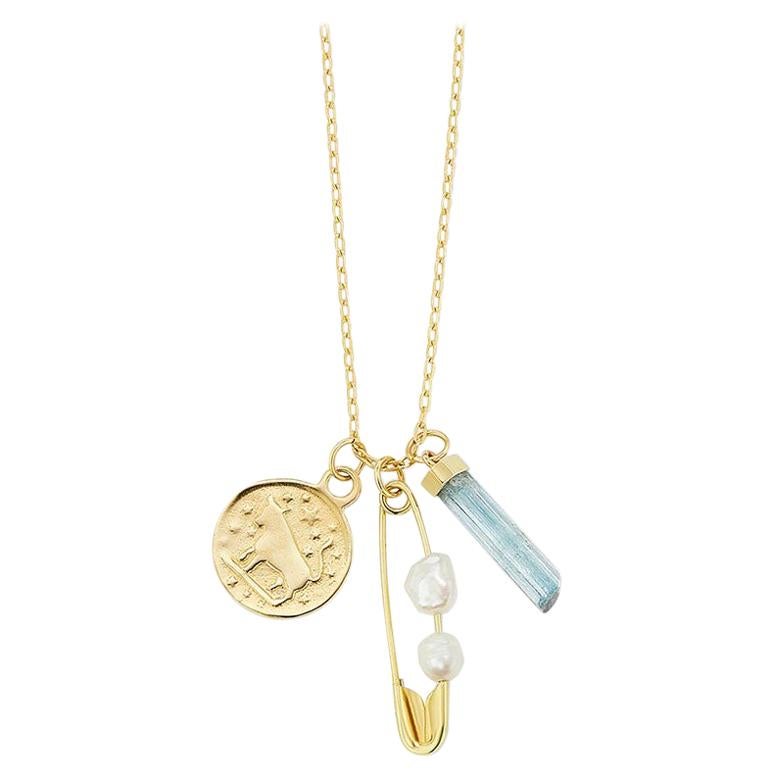 Maniamania 'Ephemera' Charm Necklace in 14 Karat Gold with Aquamarine and Pearl For Sale