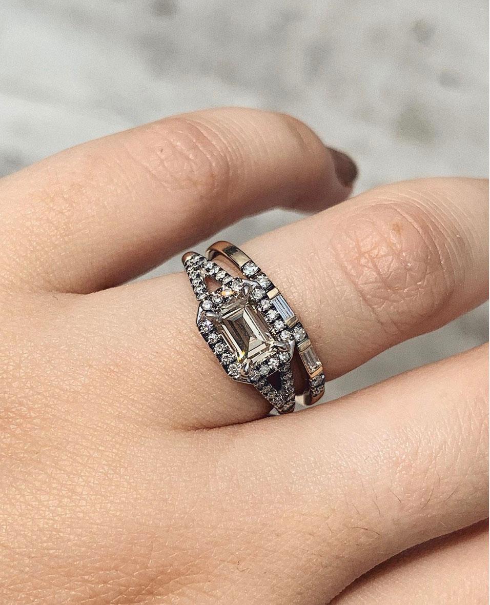 MANIAMANIA Lyra Wedding ring band in 14k Yellow Gold, featuring two white baguette cut diamonds (0.15 ctw), and pavé of white diamonds (0.075). This ring is hand made to order in any size, lead time of 5-6 weeks.

The Lyra band is hand made in NYC,