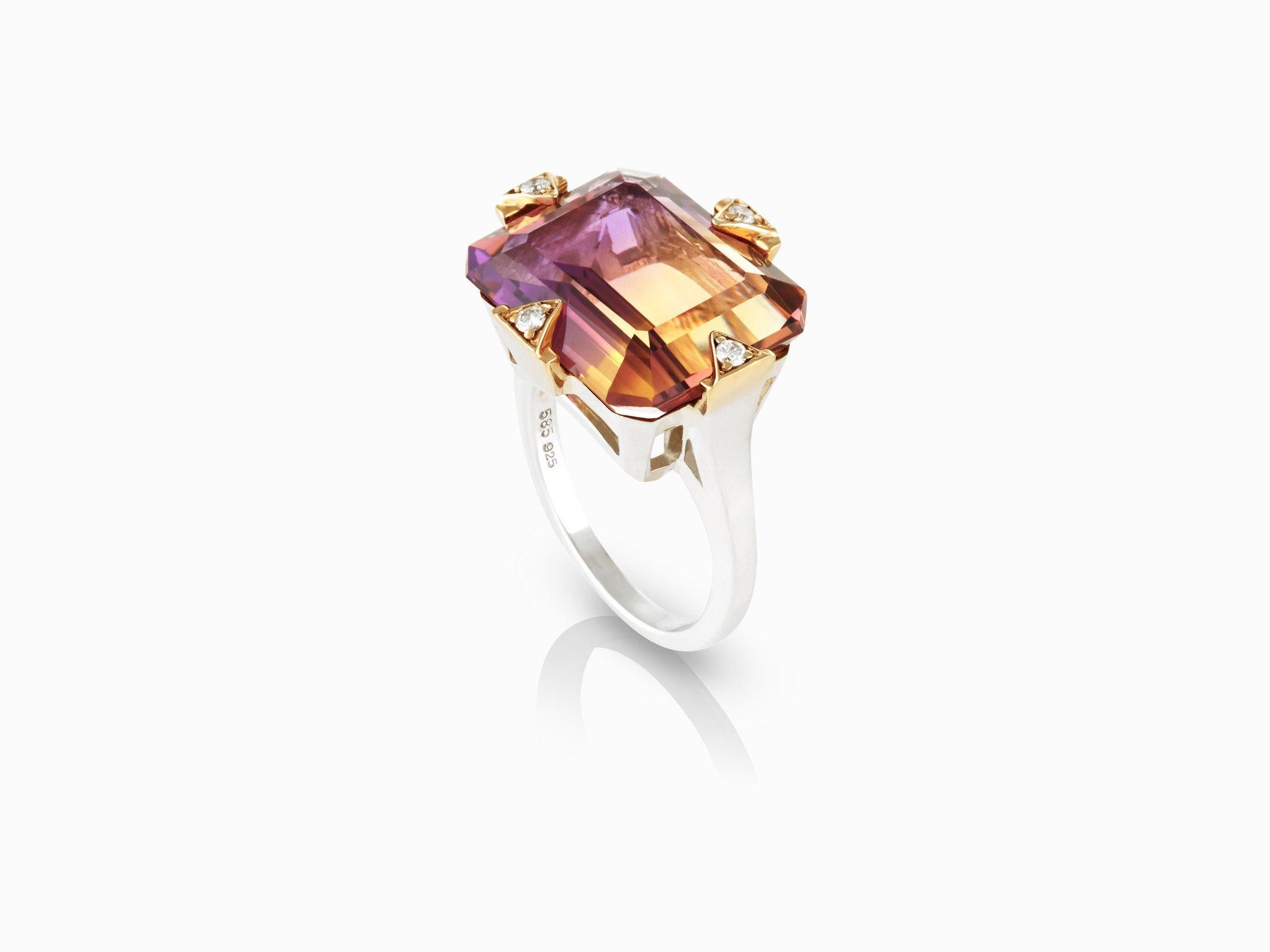 MANIAMANIA Manifest Cocktail ring with a Sterling silver band, set with a custom emerald cut Ametrine gemstone (14.5mm x 17.5mm) in 14k yellow gold prong setting with white Diamond details. Size 7.25.

This statement mixed metal cocktail ring was