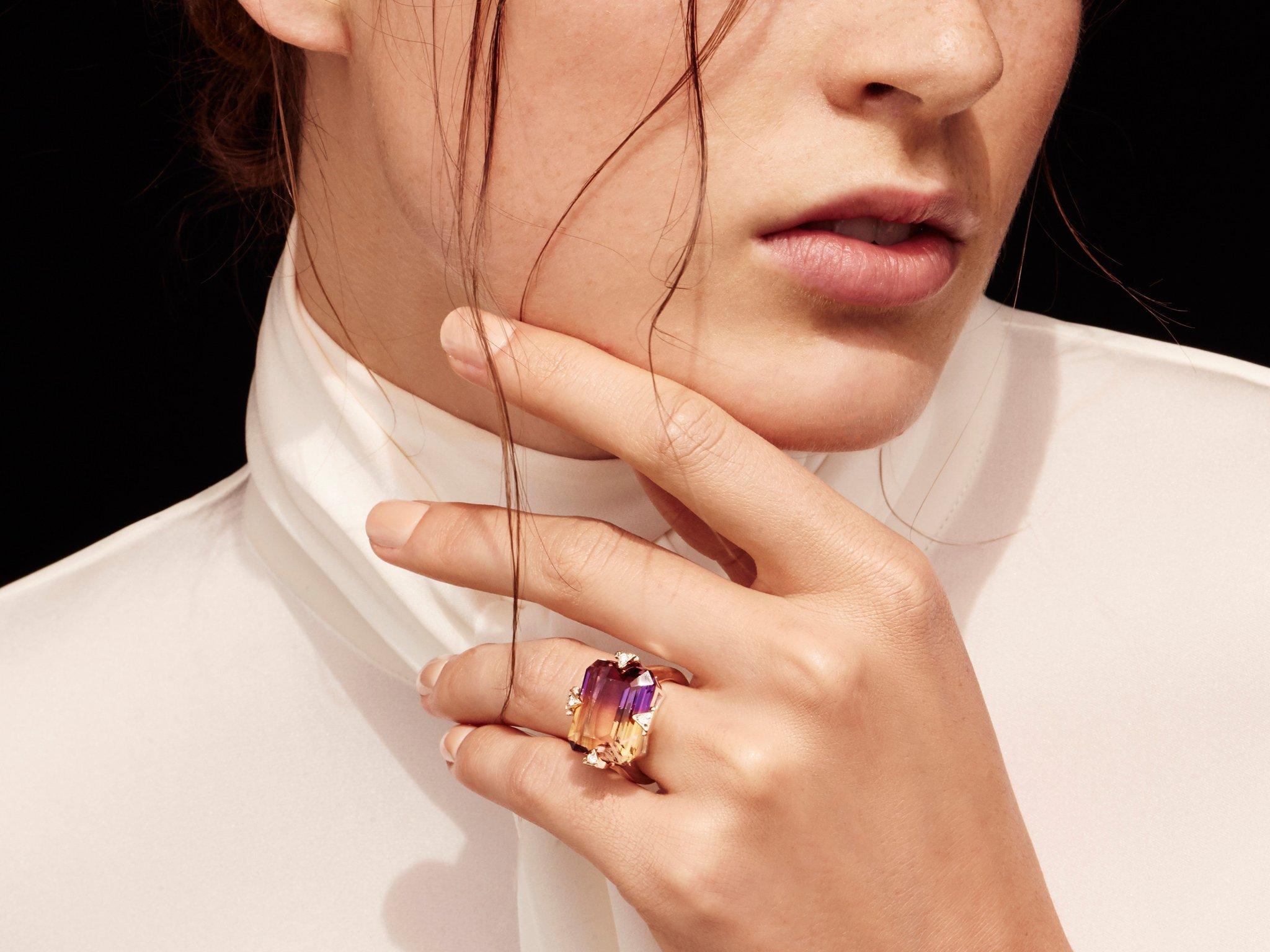 Contemporary Maniamania Manifest Cocktail Ring in Silver and 14k Gold, Ametrine and Diamonds For Sale