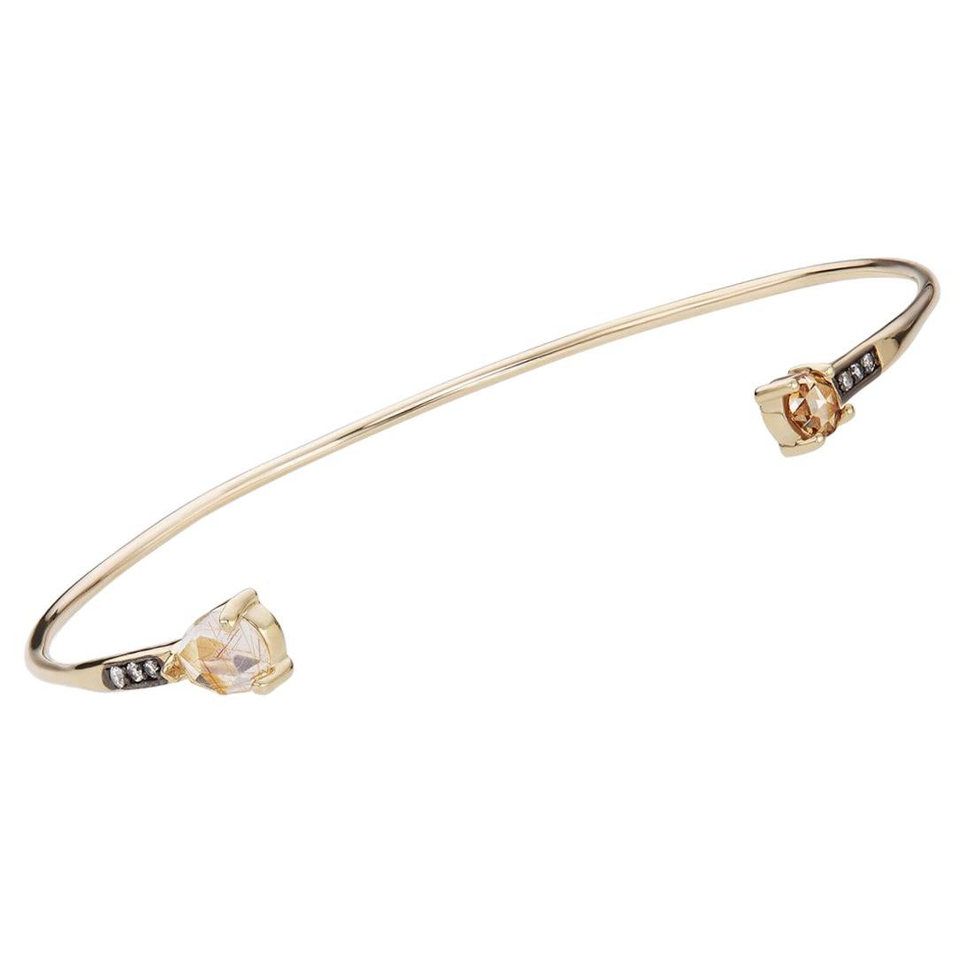 Maniamania Mystic Bangle in 14k Gold with Rutilated Quartz and Champagne Diamond For Sale