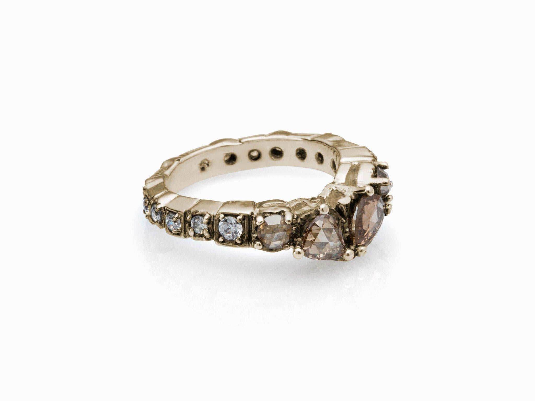 MANIAMANIA Sacred band in 14k Yellow gold with two 5x4mm rose cut pear-shaped Champagne rose cut Diamonds (0.4-0.5ctw), two 3mm round rose cut Champagne Diamond shoulders (0.24ct), and eternity band of diamond accents (0.4ctw) in ring size