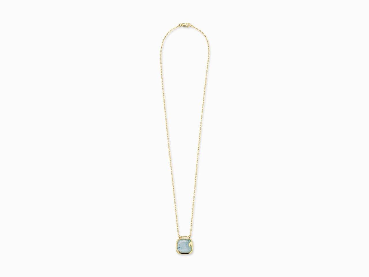 MANIAMANIA Serpentine necklace in 14k Yellow Gold, with snake detail pendant set with a custom cut Aquamarine stone, on 14k gold cable chain. Total chain length is 17.5 inches

This elegant pendant was hand made in NYC. Hand carved in wax, this