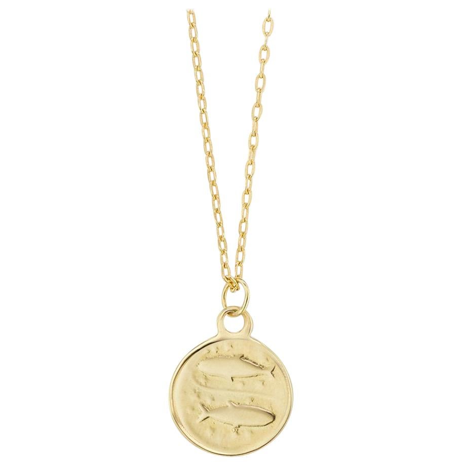 Maniamania Zodiac Pisces Coin Charm Pendant Necklace in 14 Karat Gold For Sale