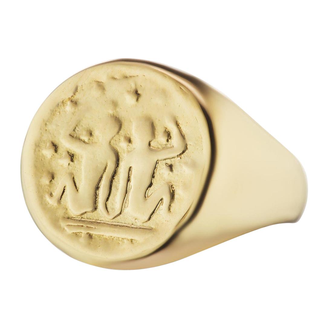 Maniamania Zodiac Signet Ring in 14 Karat Yellow Gold with Gemini Zodiac Symbol For Sale