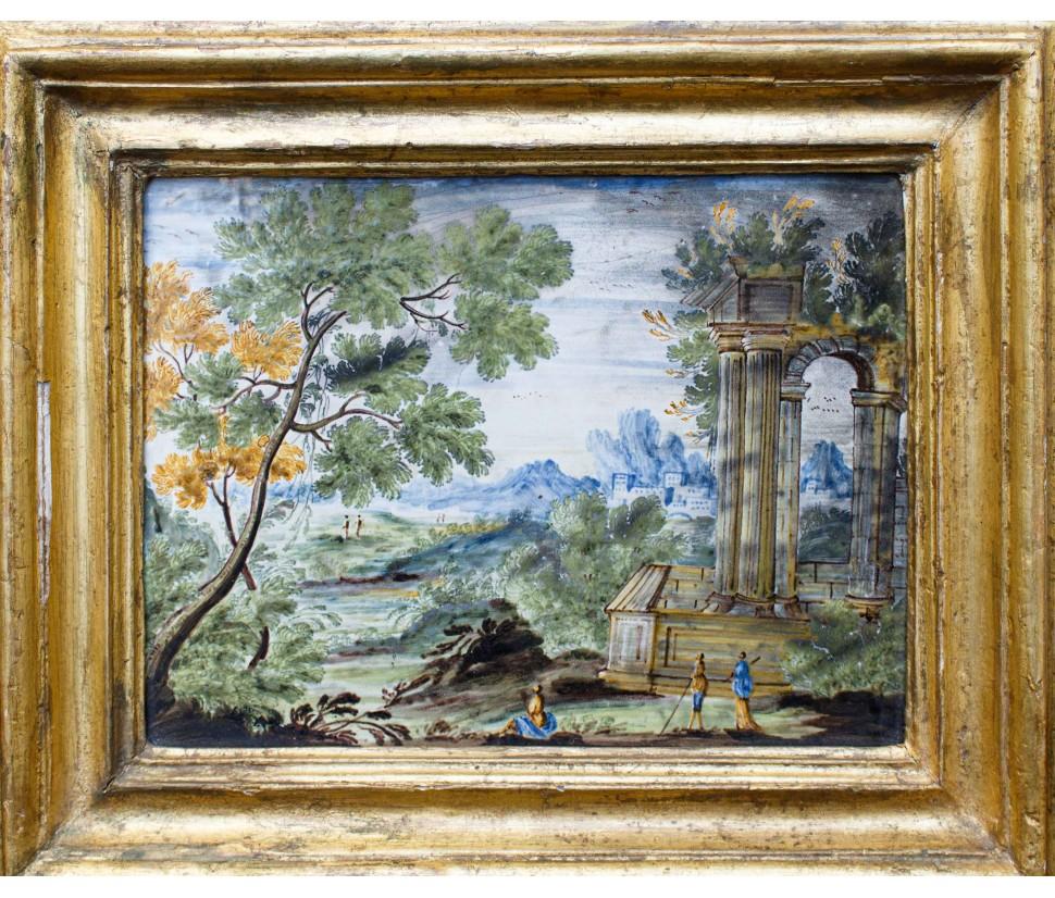 By Manifattura Castelli, Landscape with architecture and figures For Sale 1