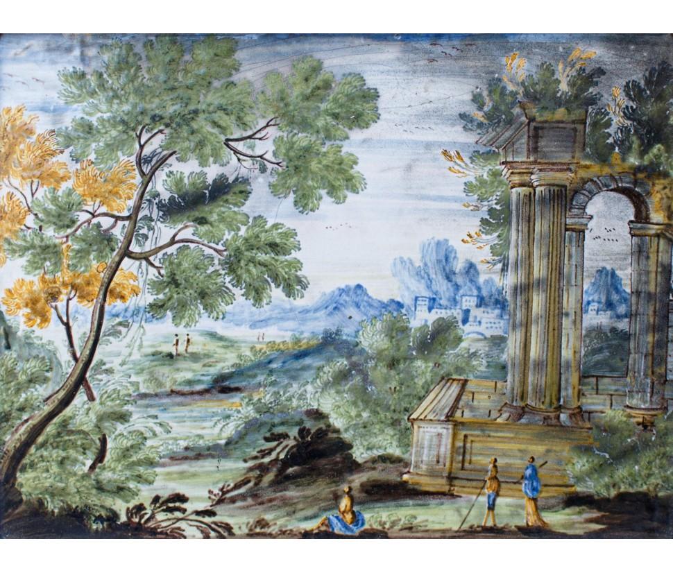 manifattura castelli Figurative Sculpture - By Manifattura Castelli, Landscape with architecture and figures