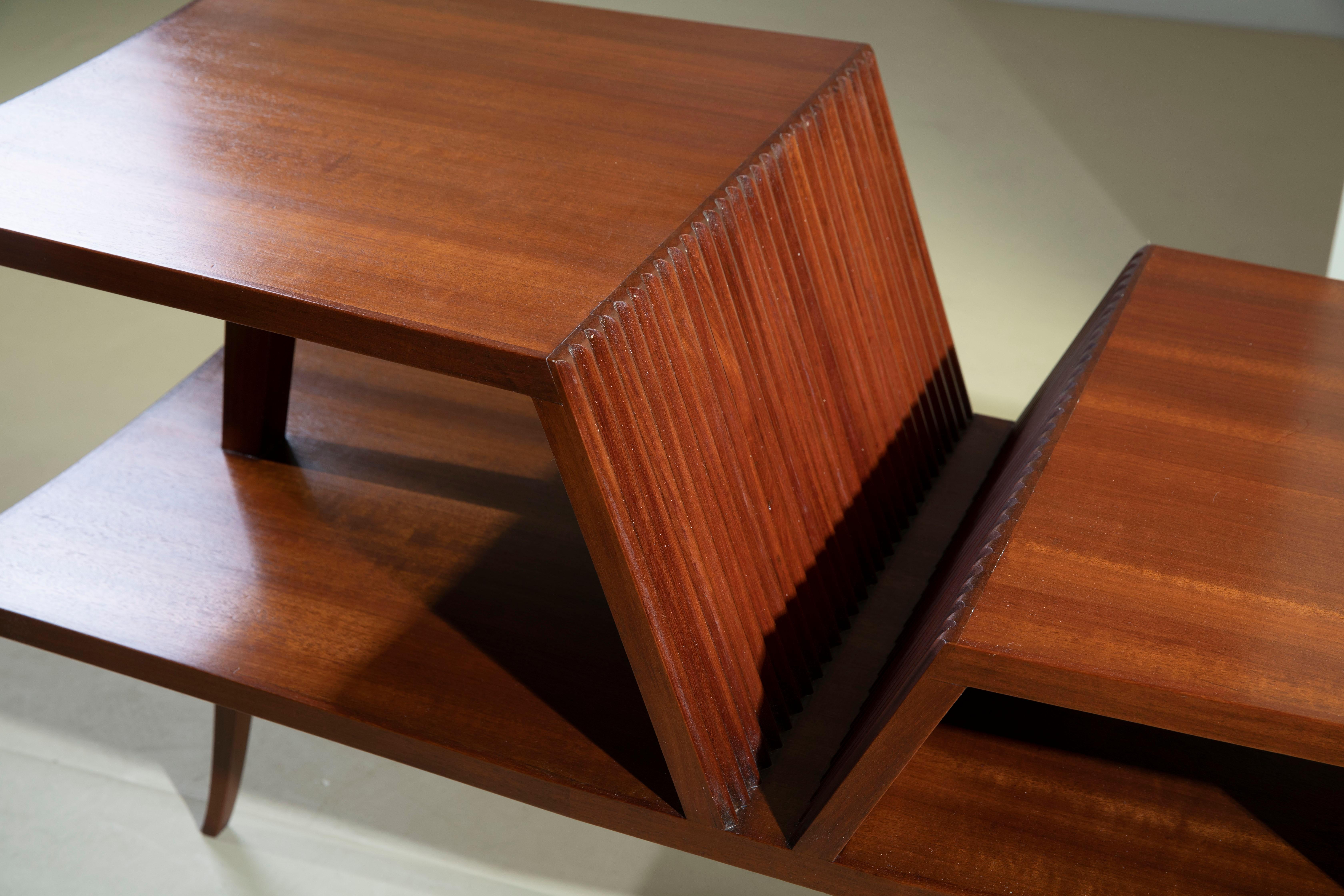 Wood Italian manufacture, Low three-legged coffee table for living room, 1950s For Sale