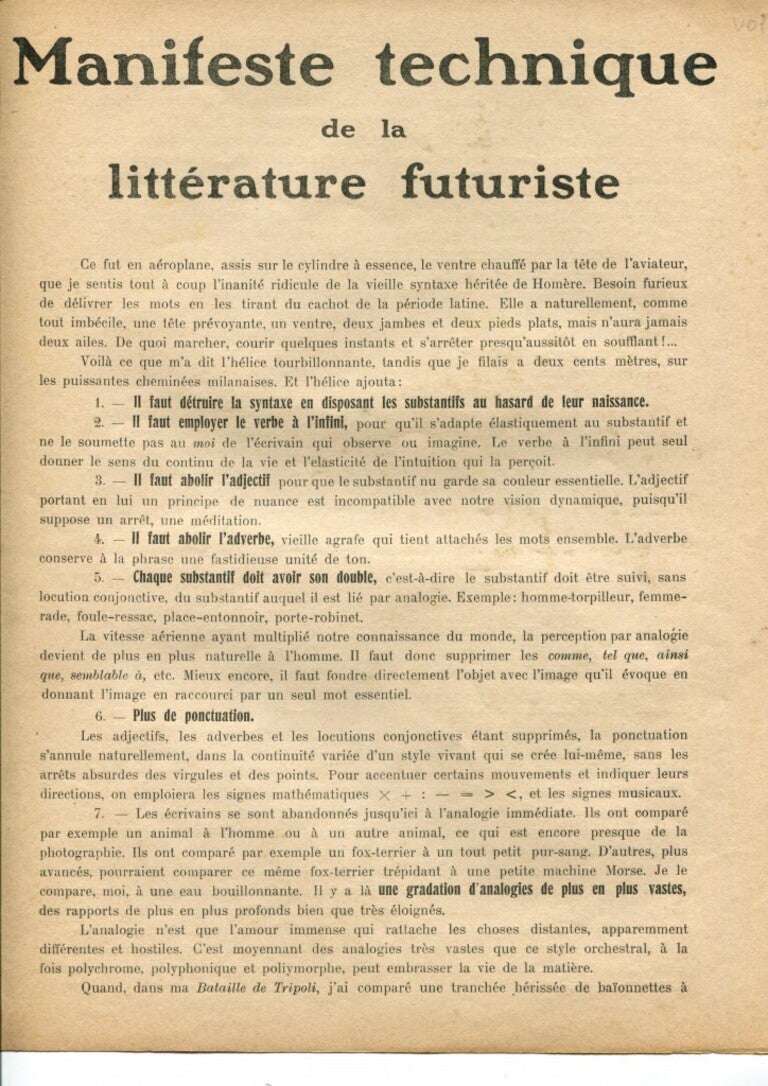 Manifeste Technique de la Littérature Futuriste, Italy 1912