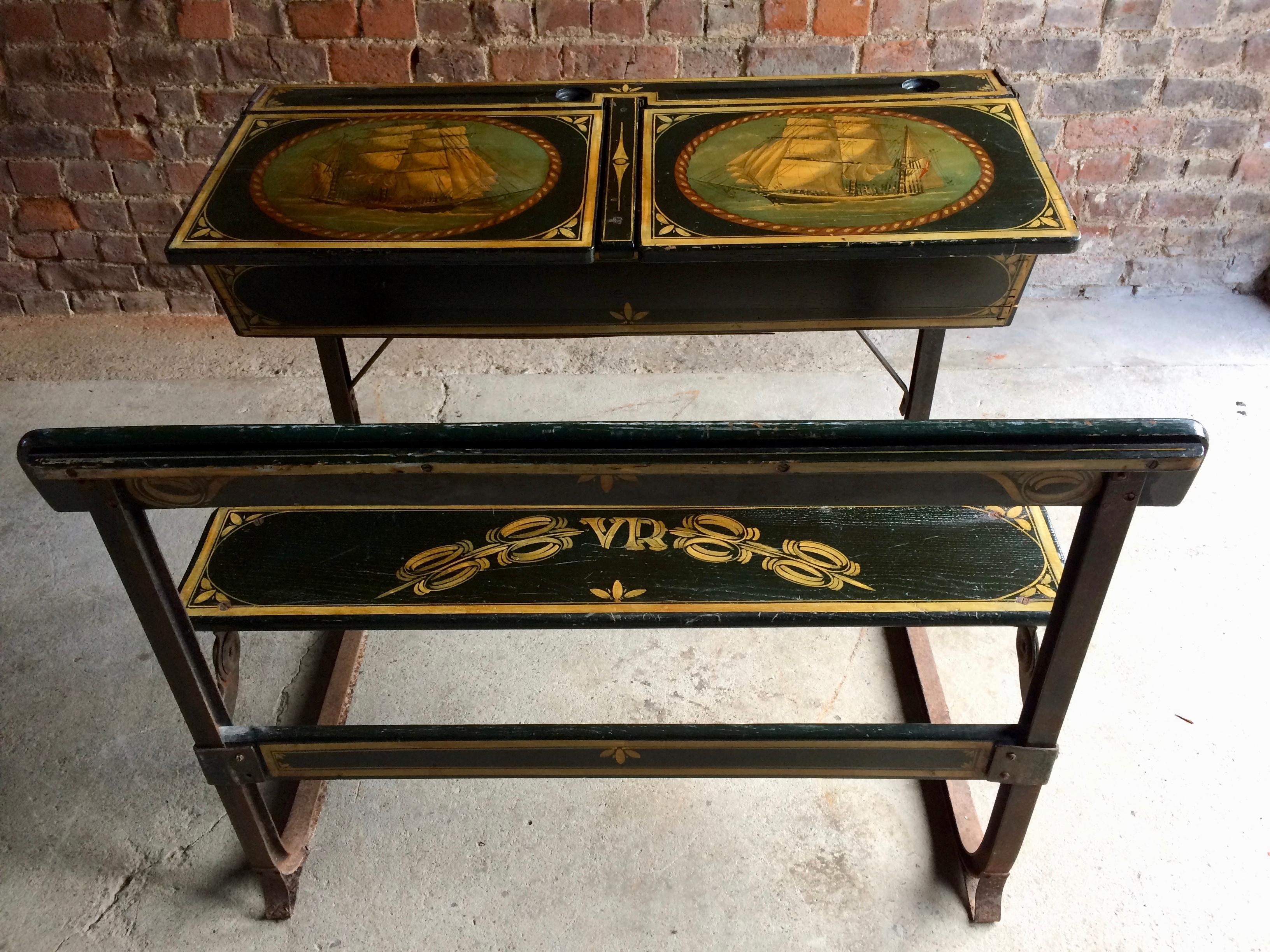 Manificent Victorian Double School Desk Elm And Metal Painted