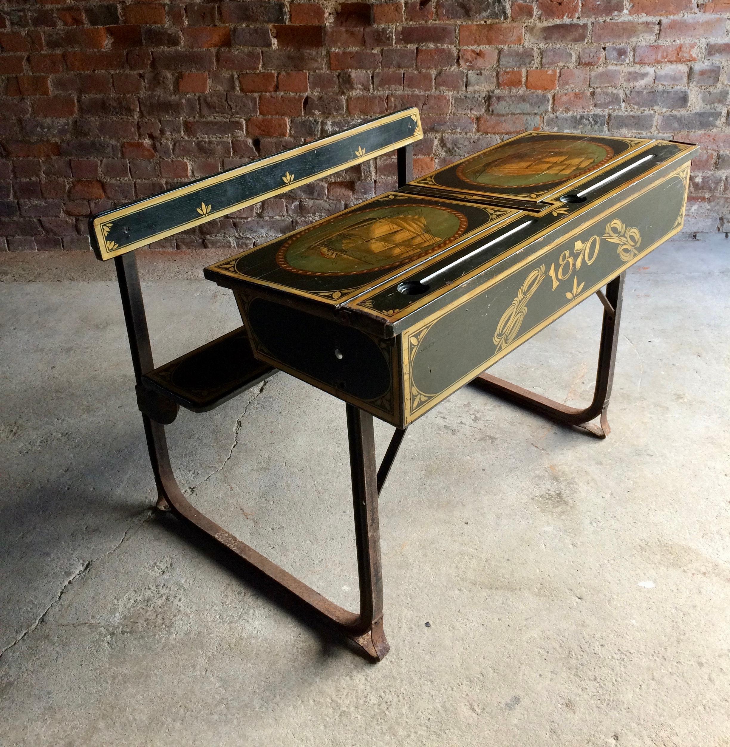 Manificent Victorian Double School Desk Elm and Metal Painted, circa 1870 2