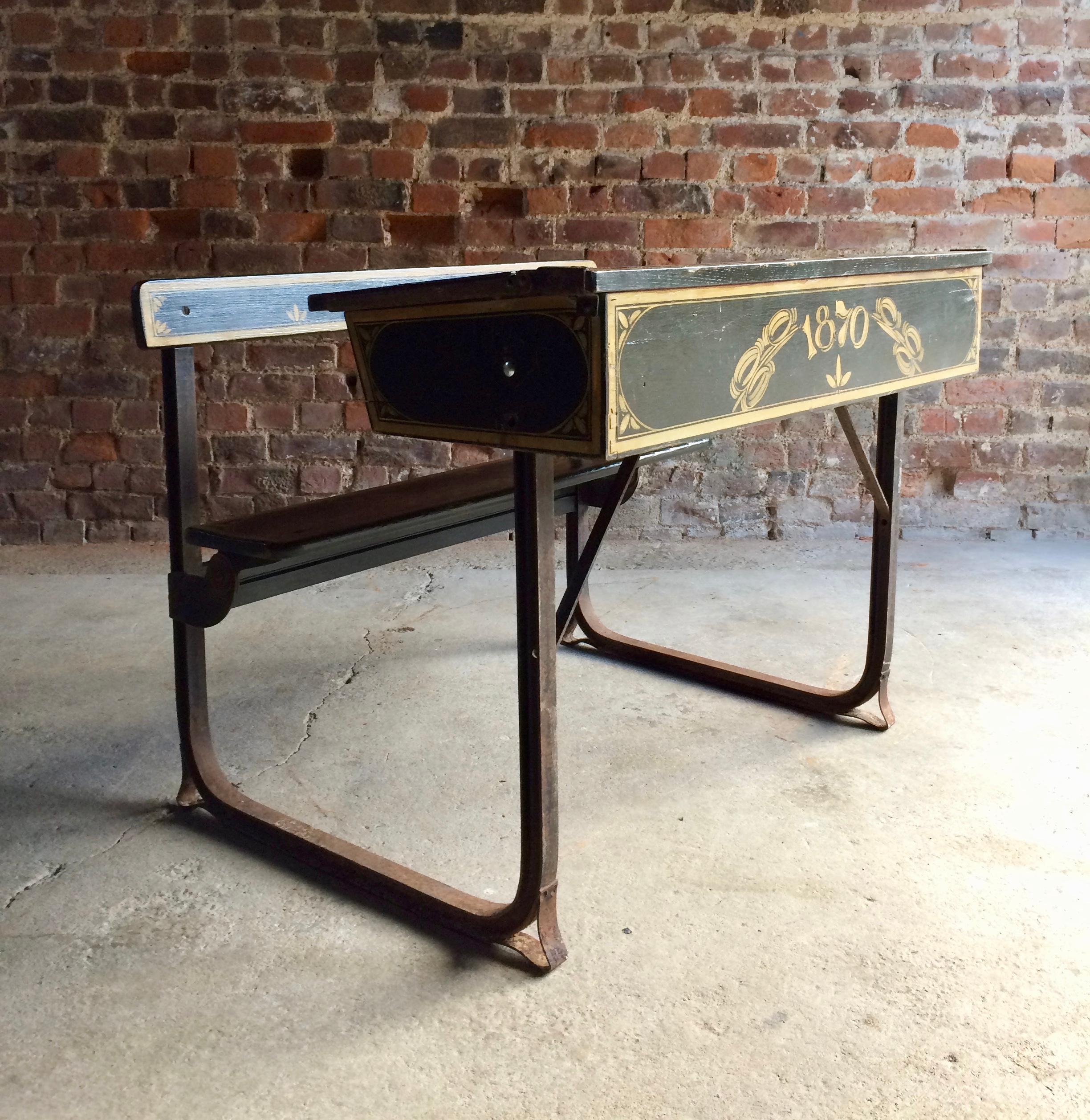 Manificent Victorian Double School Desk Elm and Metal Painted, circa 1870 3