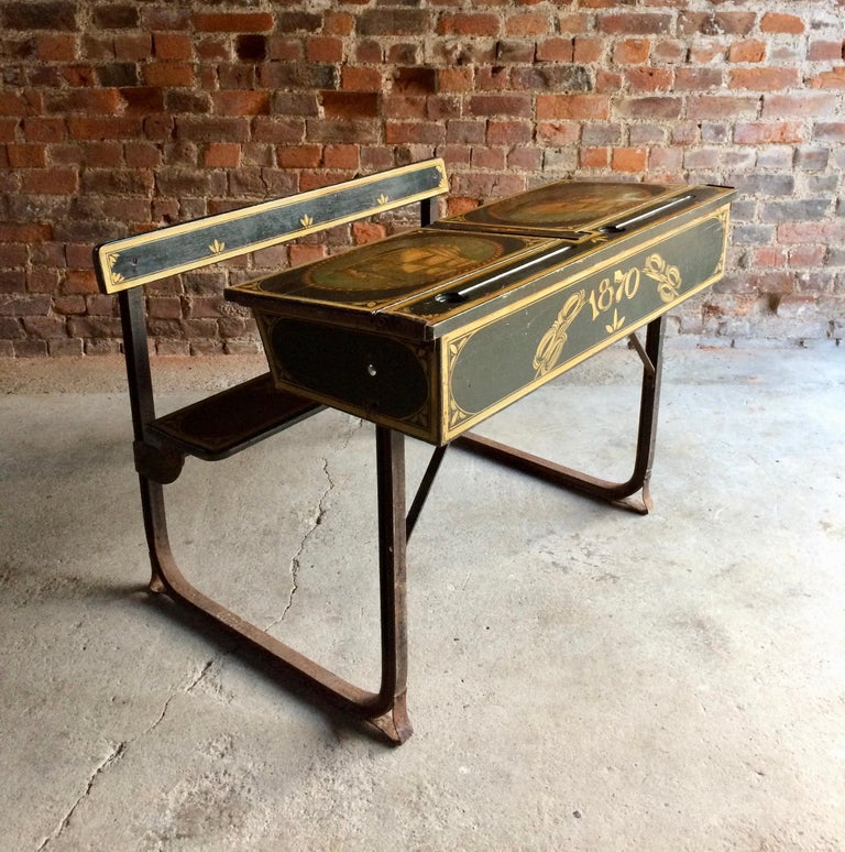 Manificent Victorian Double School Desk Elm And Metal Painted Manificent Victorian Double School Desk