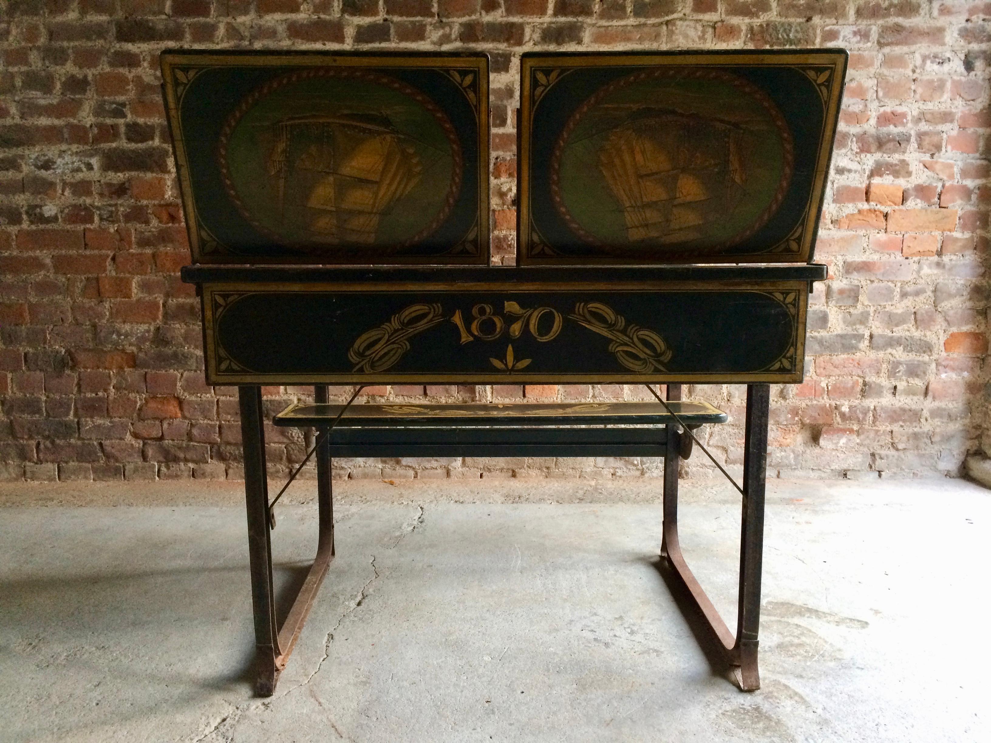 Manificent Victorian Double School Desk Elm And Metal Painted