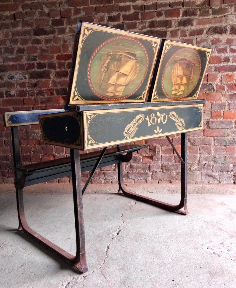 Manificent Victorian Double School Desk Elm And Metal Painted