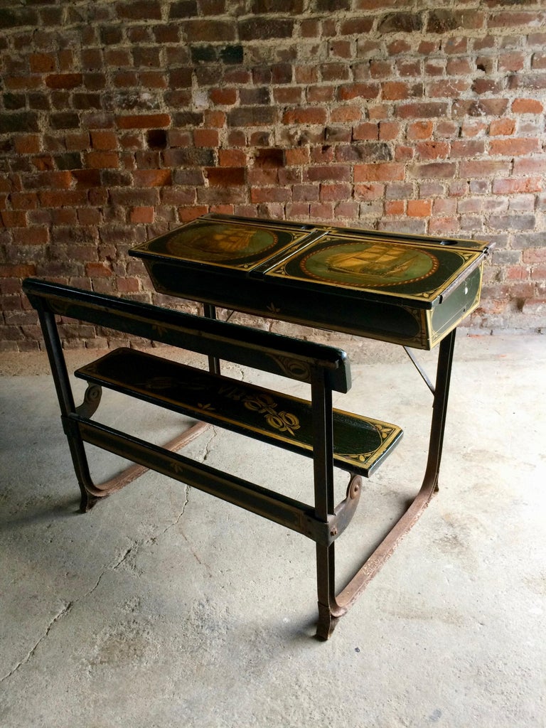 Manificent Victorian Double School Desk Elm and Metal Painted, circa