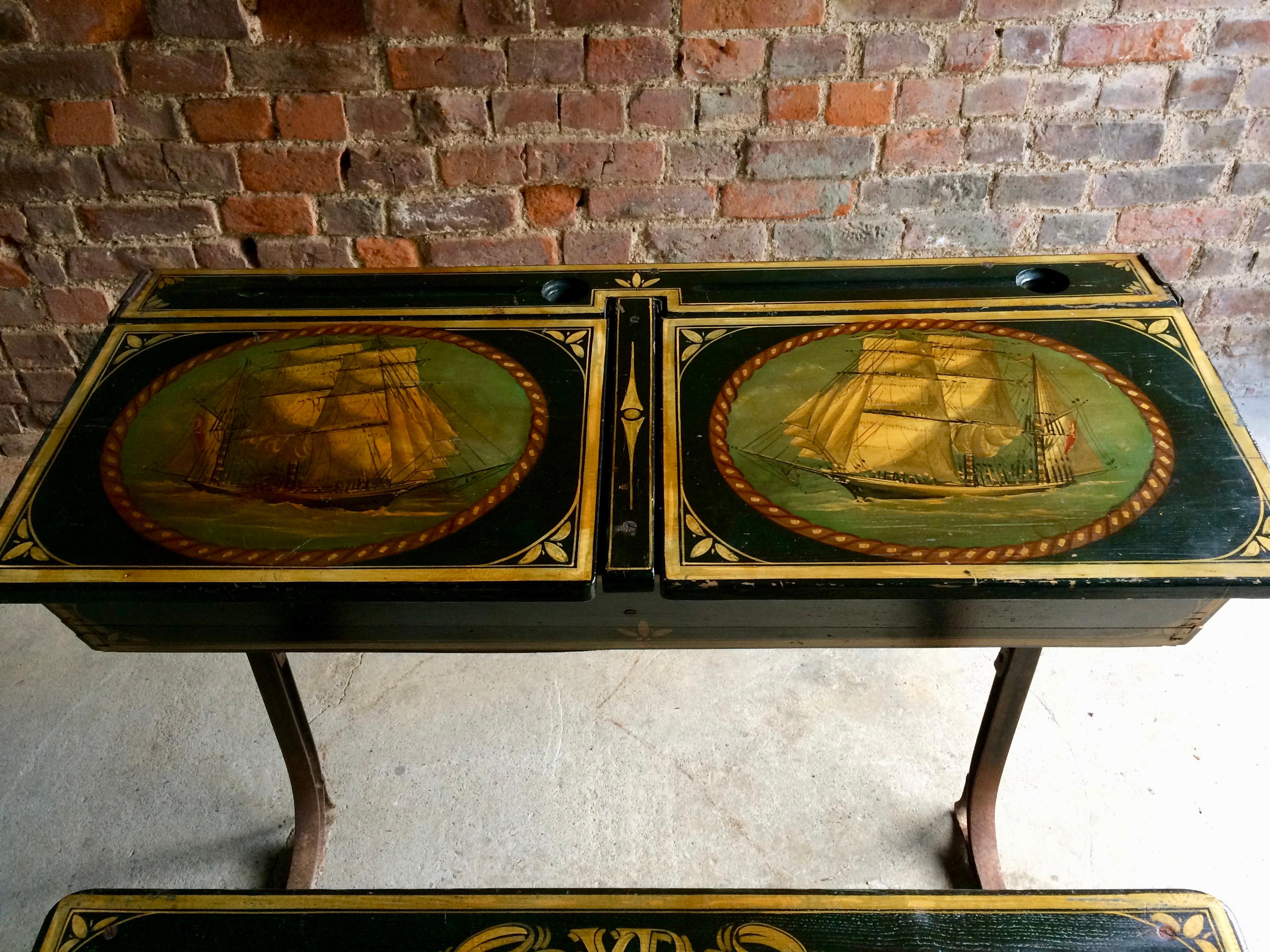 Late 19th Century Manificent Victorian Double School Desk Elm and Metal Painted, circa 1870