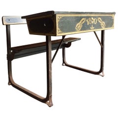 Antique Manificent Victorian Double School Desk Elm and Metal Painted, circa 1870