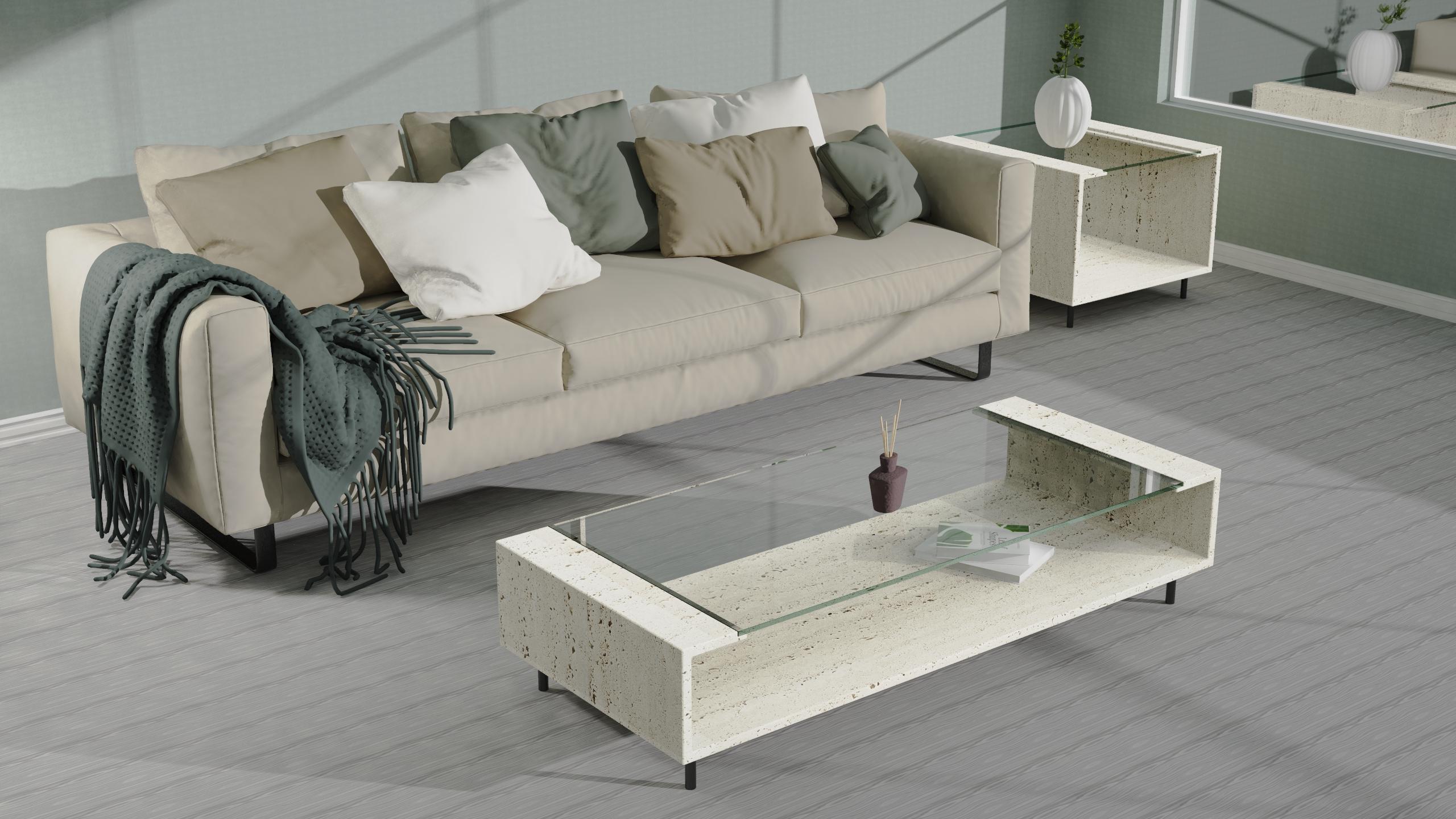 Manila 2.0 Italian Travertine Marble & Crystal Coffee Table Contemporary Design For Sale 3