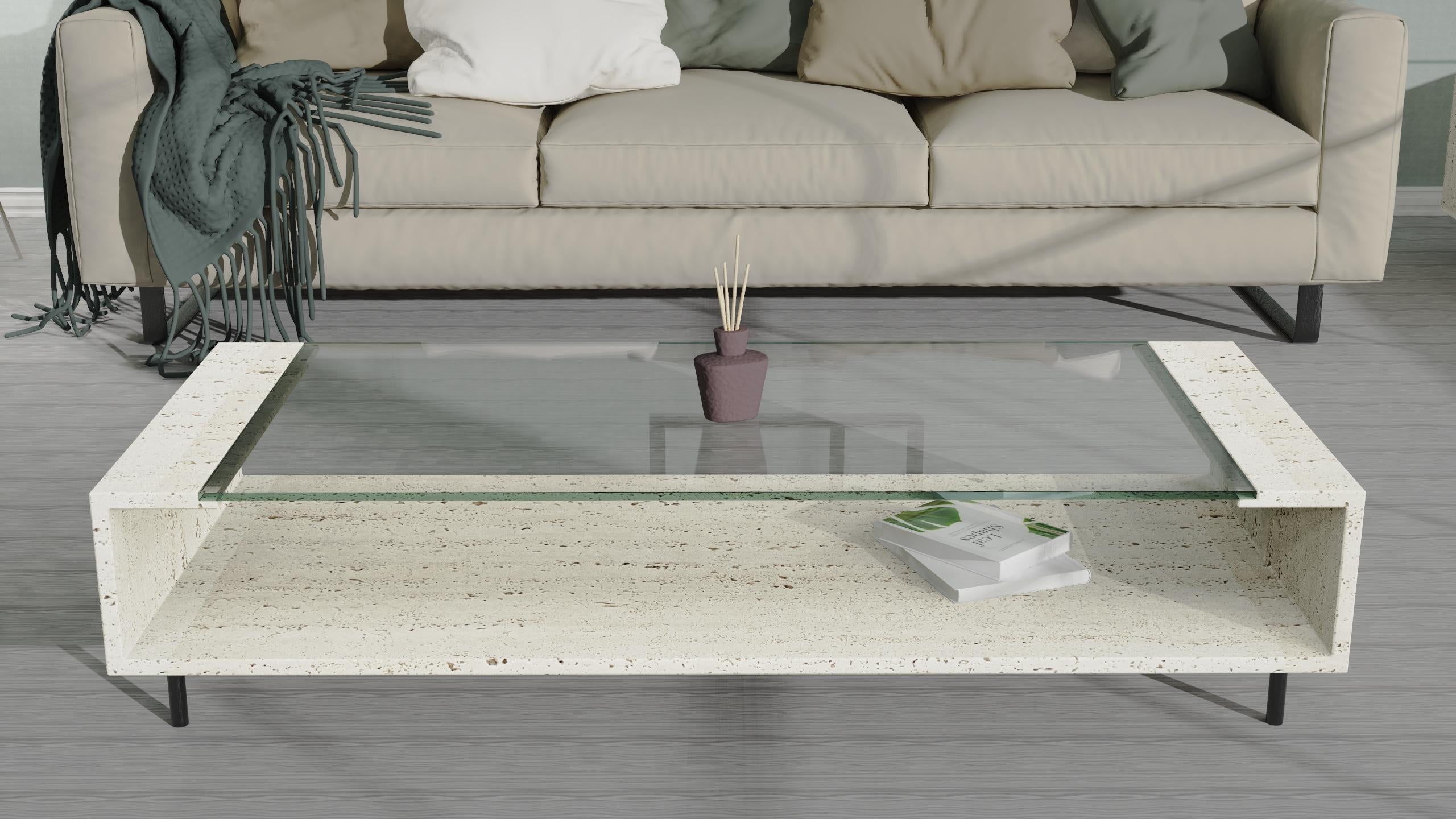 Manila 2.0 Italian Travertine Marble & Crystal Coffee Table Contemporary Design For Sale 4