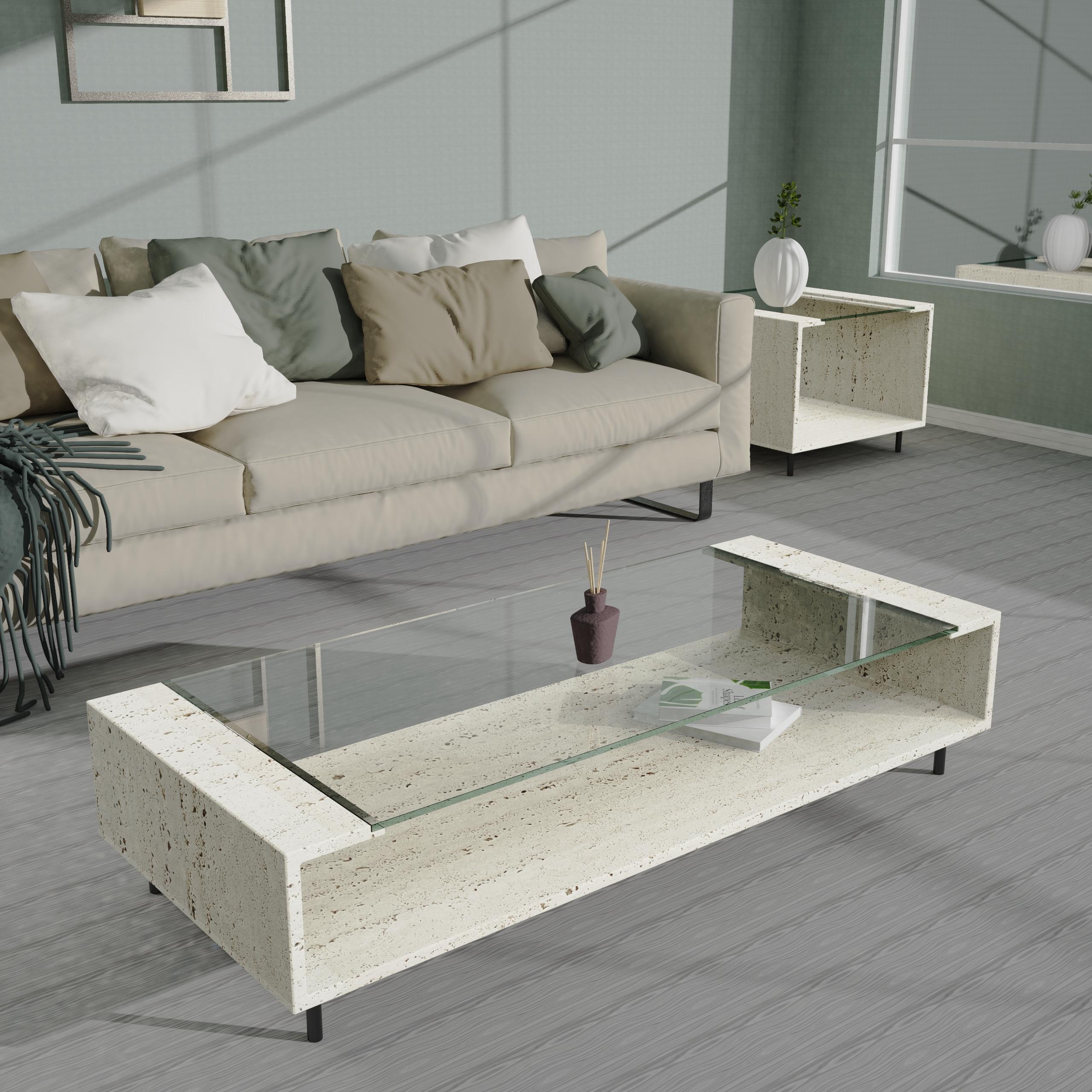 Steel Manila 2.0 Italian Travertine Marble & Crystal Coffee Table Contemporary Design For Sale