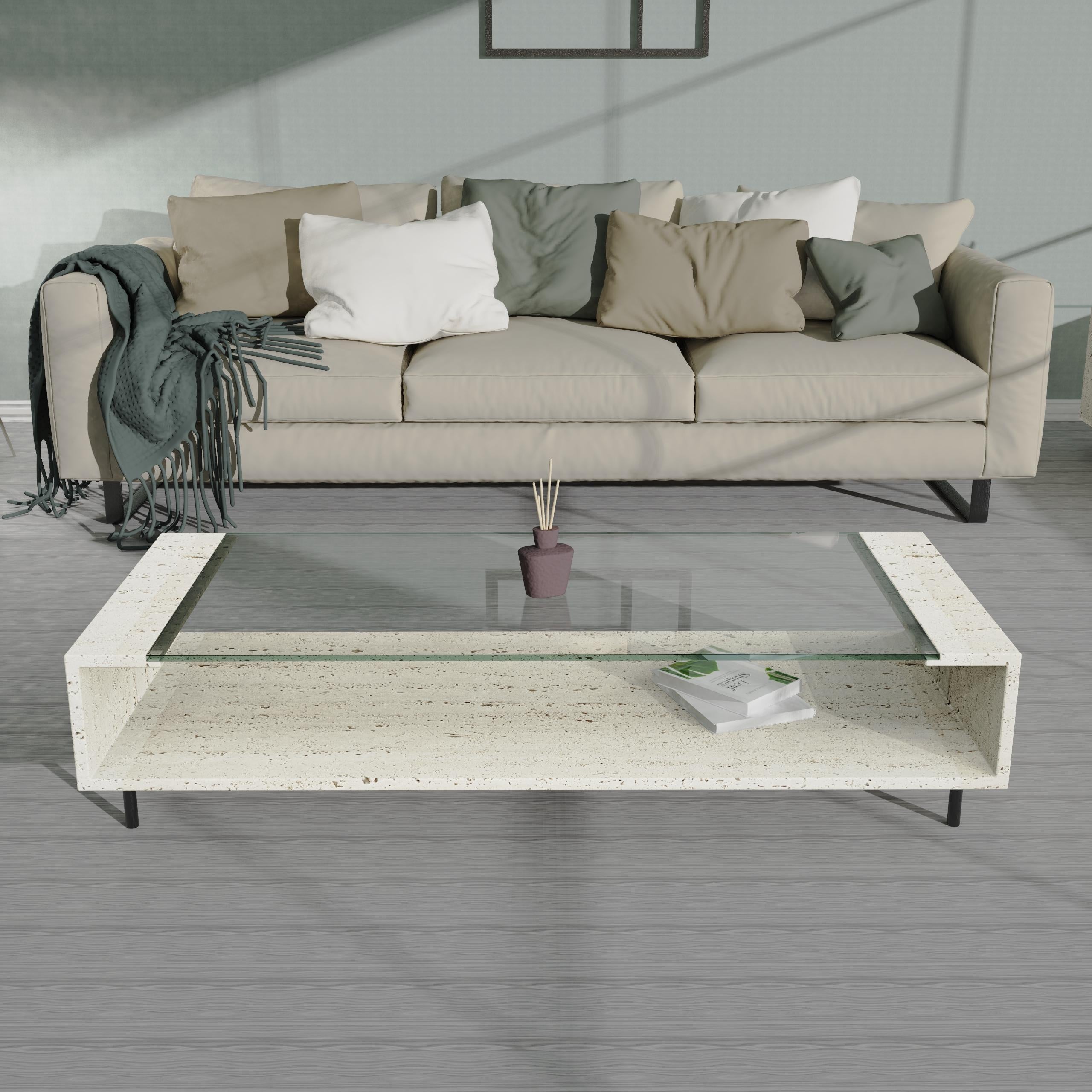 Manila 2.0 Italian Travertine Marble & Crystal Coffee Table Contemporary Design For Sale 1