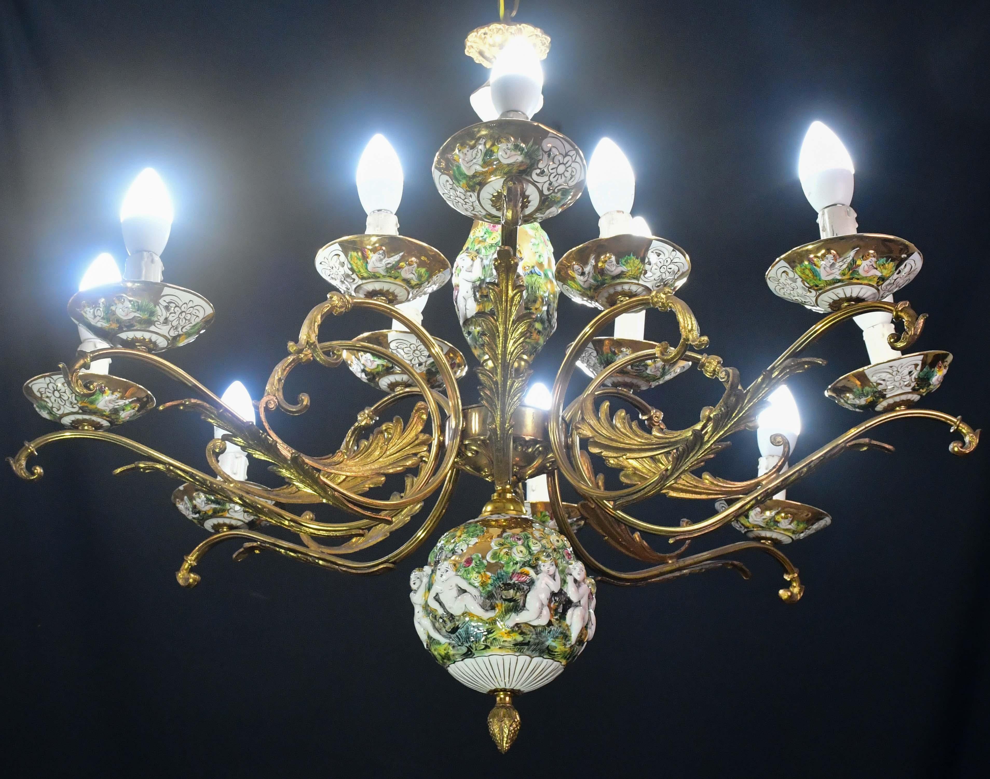 Vintage By, grand lustre italien en céramique vintage à 12 lumières, 1960 Bon état - En vente à Roma, IT