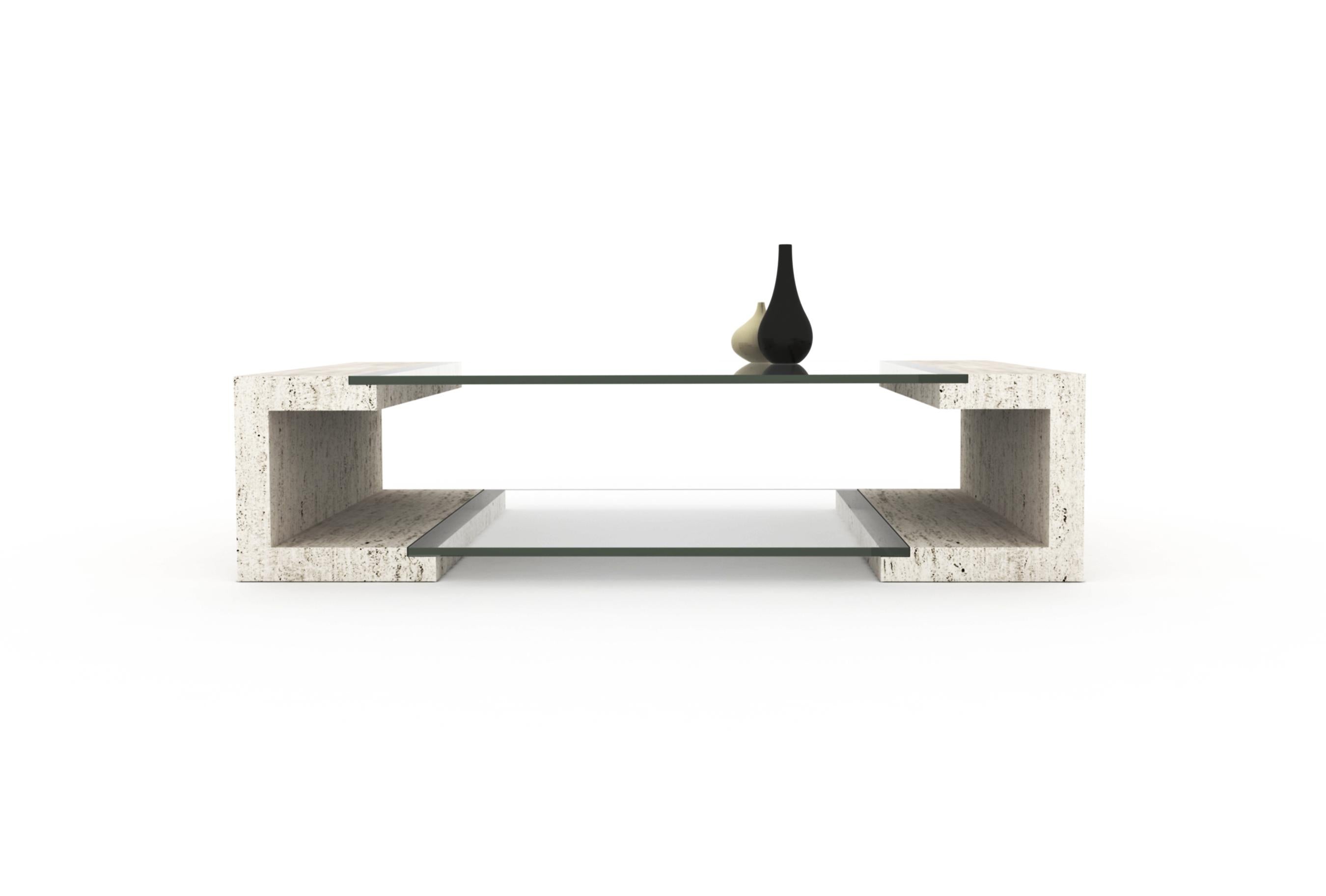 Moderne Table basse en marbre, travertin et cristal de Manille Design Joaquín Moll Meddel Espagne en vente