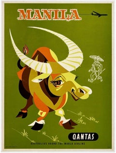 MANILA QANTAS Original Vintage Airline Travel Tourism Poster MCM Rare 15" x 20"
