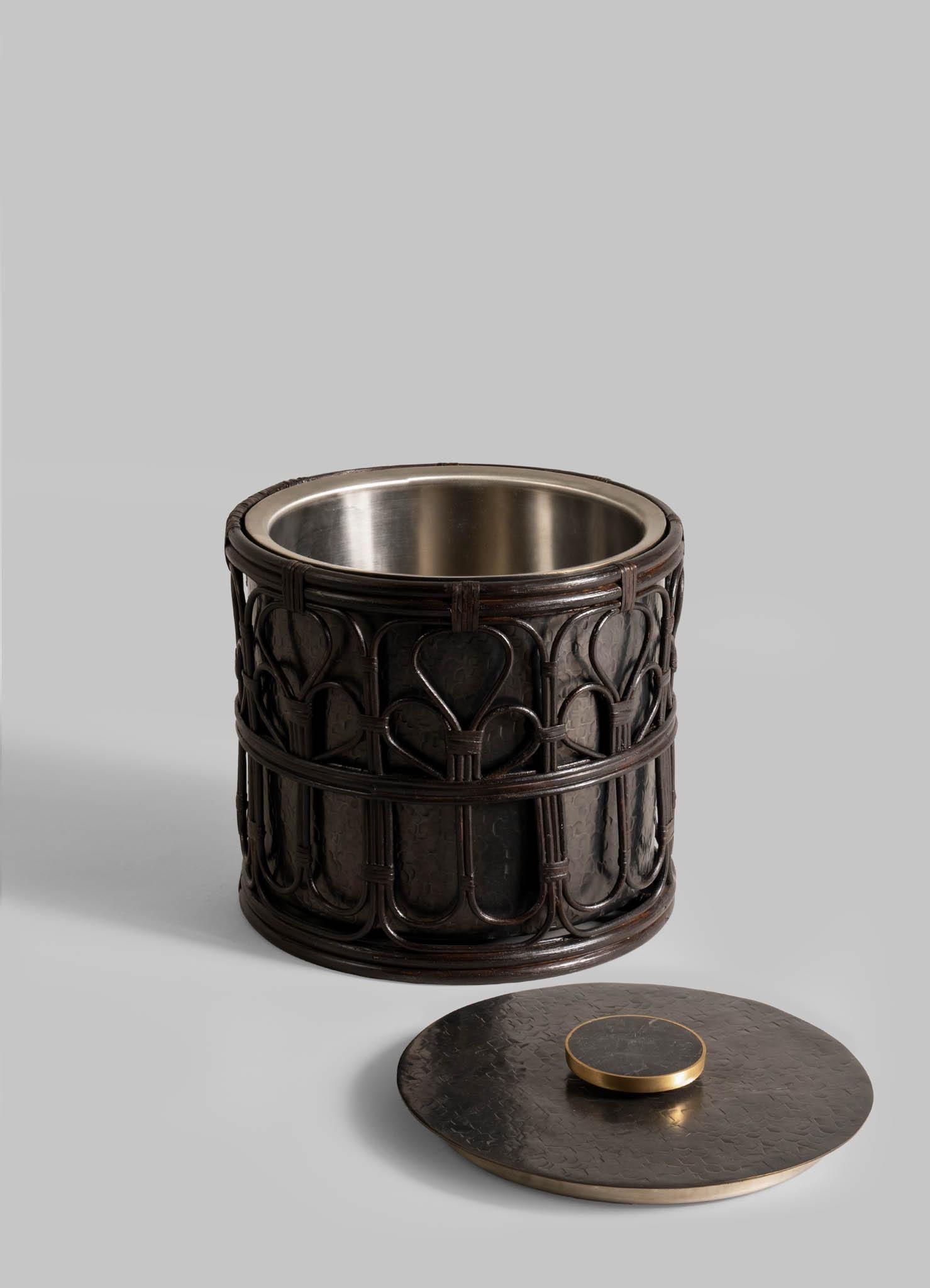 Cast Manipur Ice Bucket Large in Brass & Cane, Viya By Vikram Goyal For Sale