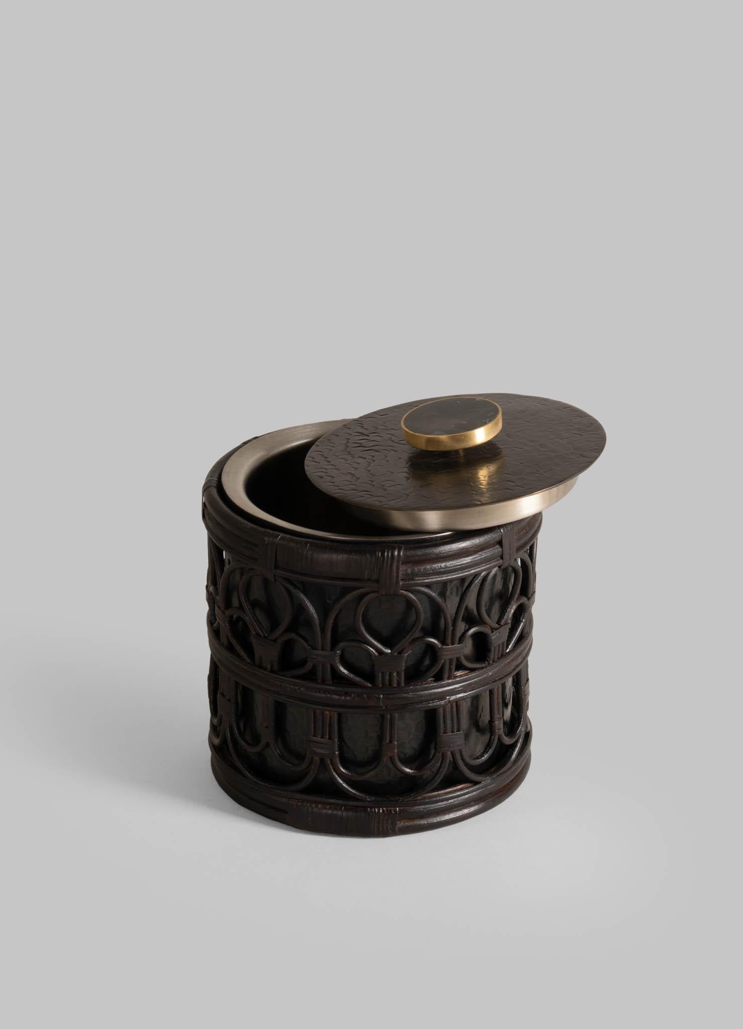 Cast Manipur Ice Bucket Small in Brass & Cane, Viya By Vikram Goyal For Sale
