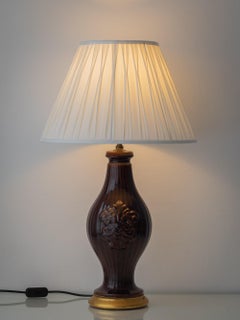 Manises Chocolate Brown Glazed Table Lamp, Spain, 1960s with New Silk Lampshade