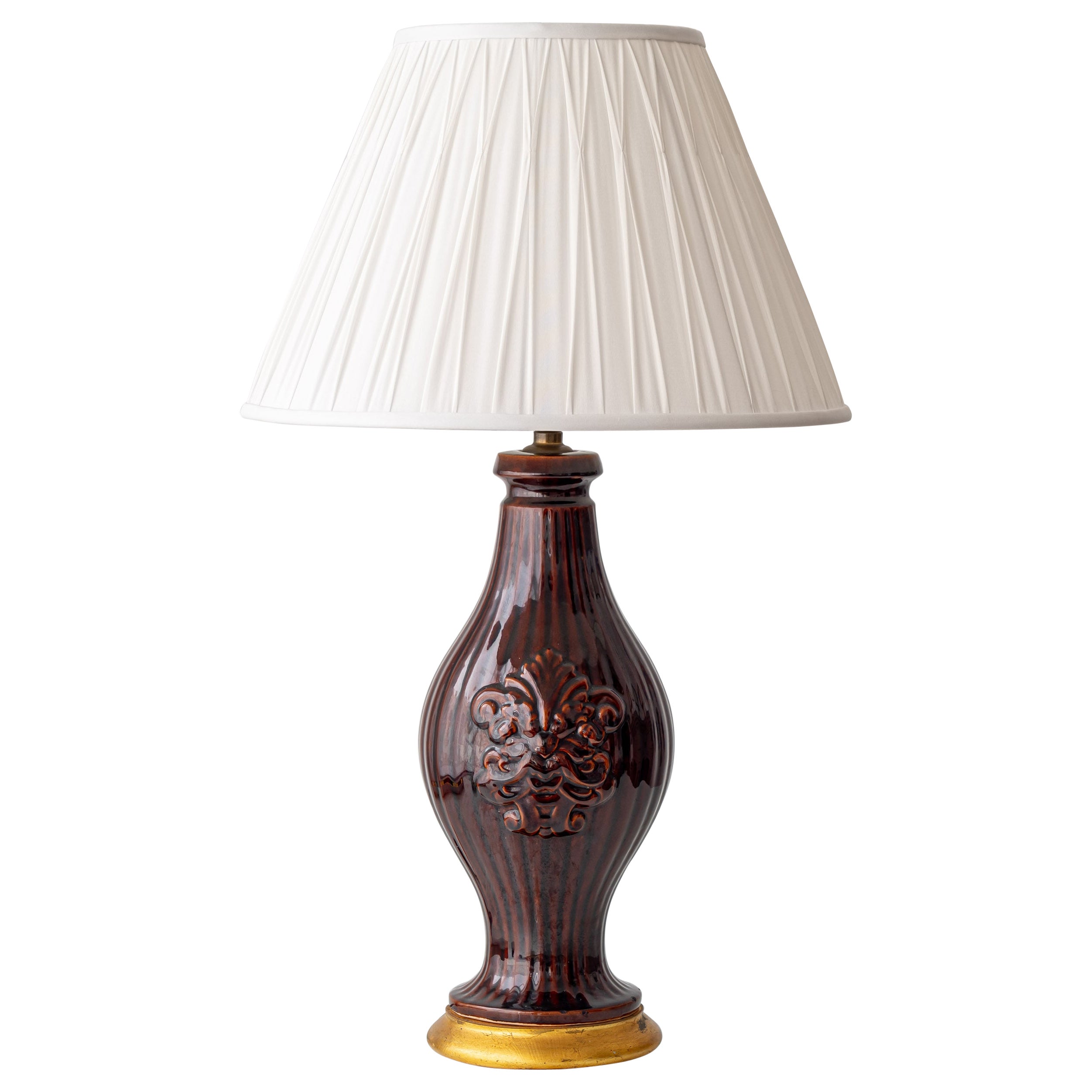 Manises Chocolate Brown Glazed Table Lamp, Spain, 1960s with New Silk Lampshade For Sale