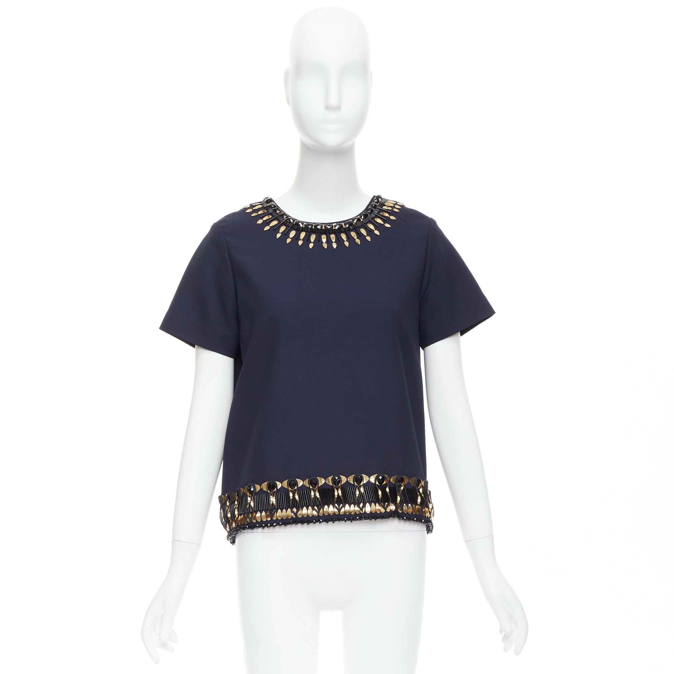 MANISH ARORA top artesanal dorado azul marino con adornos 3D IT38 M en venta 4