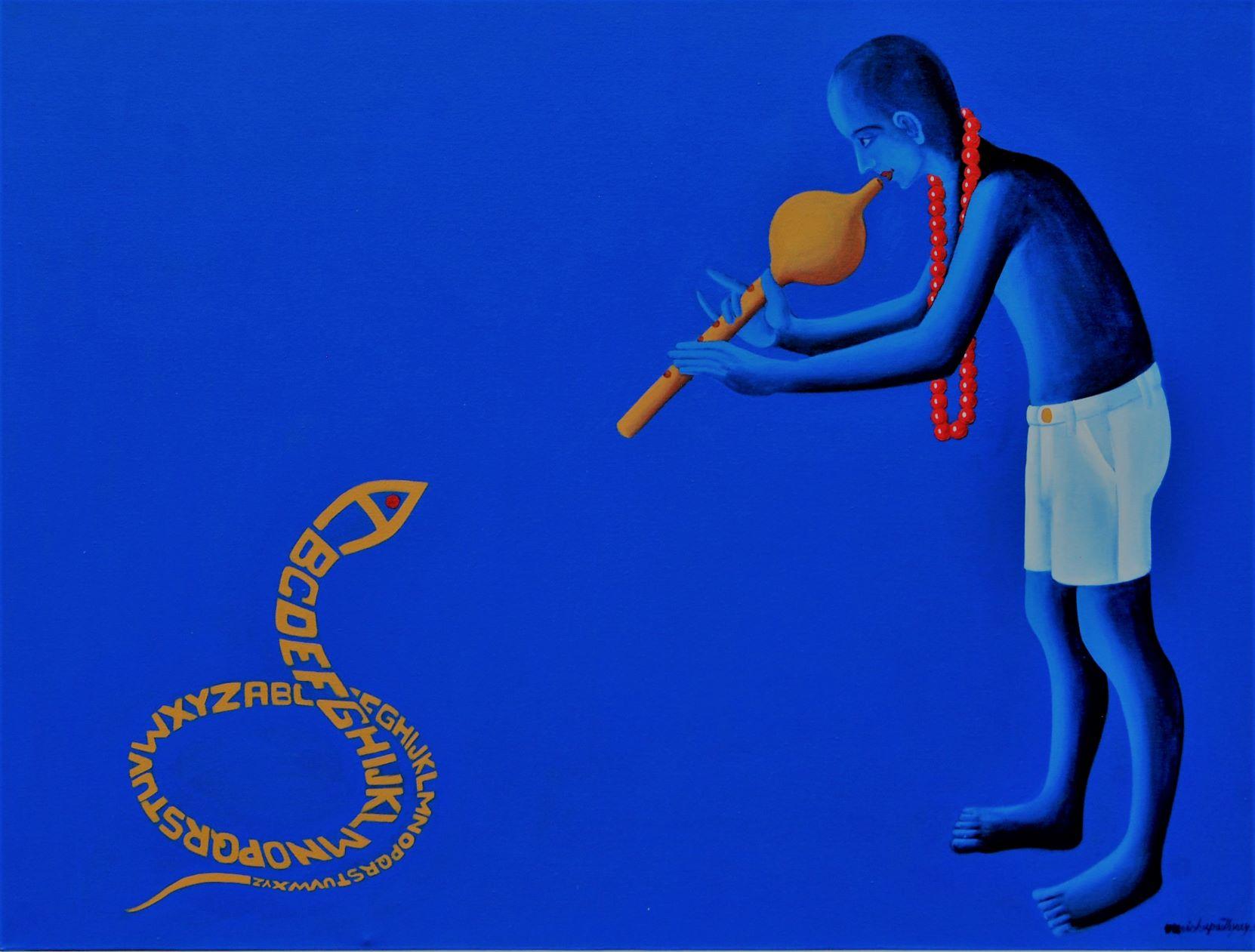 Manish Upadhyay Figurative Painting – Innocent-9, Acryl auf Leinwand, Blau, Weiß von Contemporary Artist "Auf Lager".