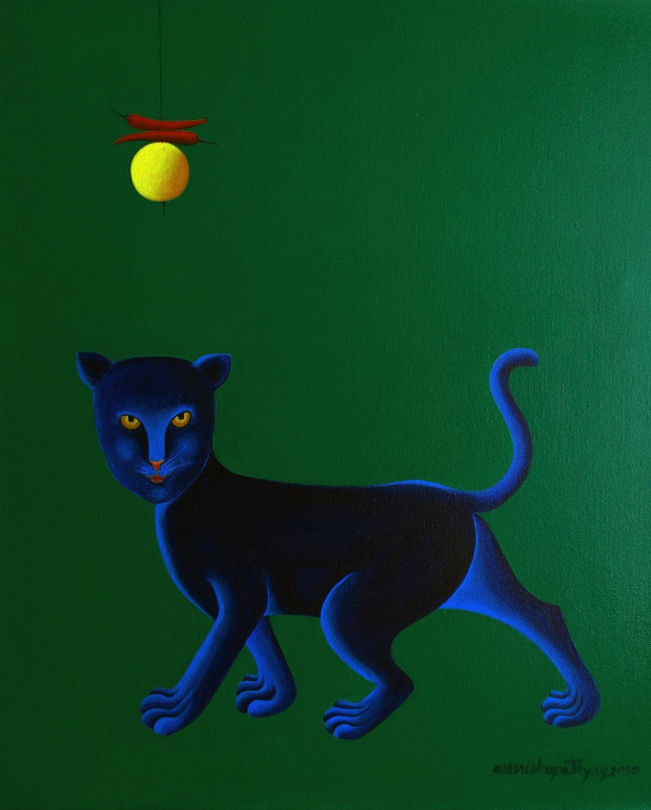 Manish Upadhyay Still-Life Painting - Myth, Cat &Lemon & Chili, Green, blue, yellow, red , Acrylic Canvas "In Stock"