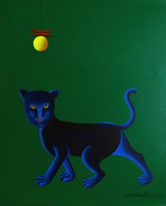 Myth, Cat &Lemon & Chili, Green, blue, yellow, red , Acrylic Canvas "In Stock"