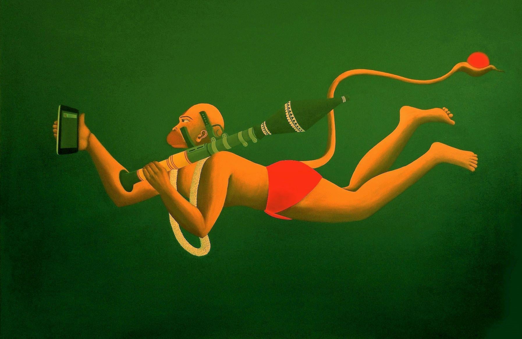 Manish Upadhyay Portrait Painting - Transformation, Hanuman with a Phone, Mythology , Green , yellow color "In Stock"
