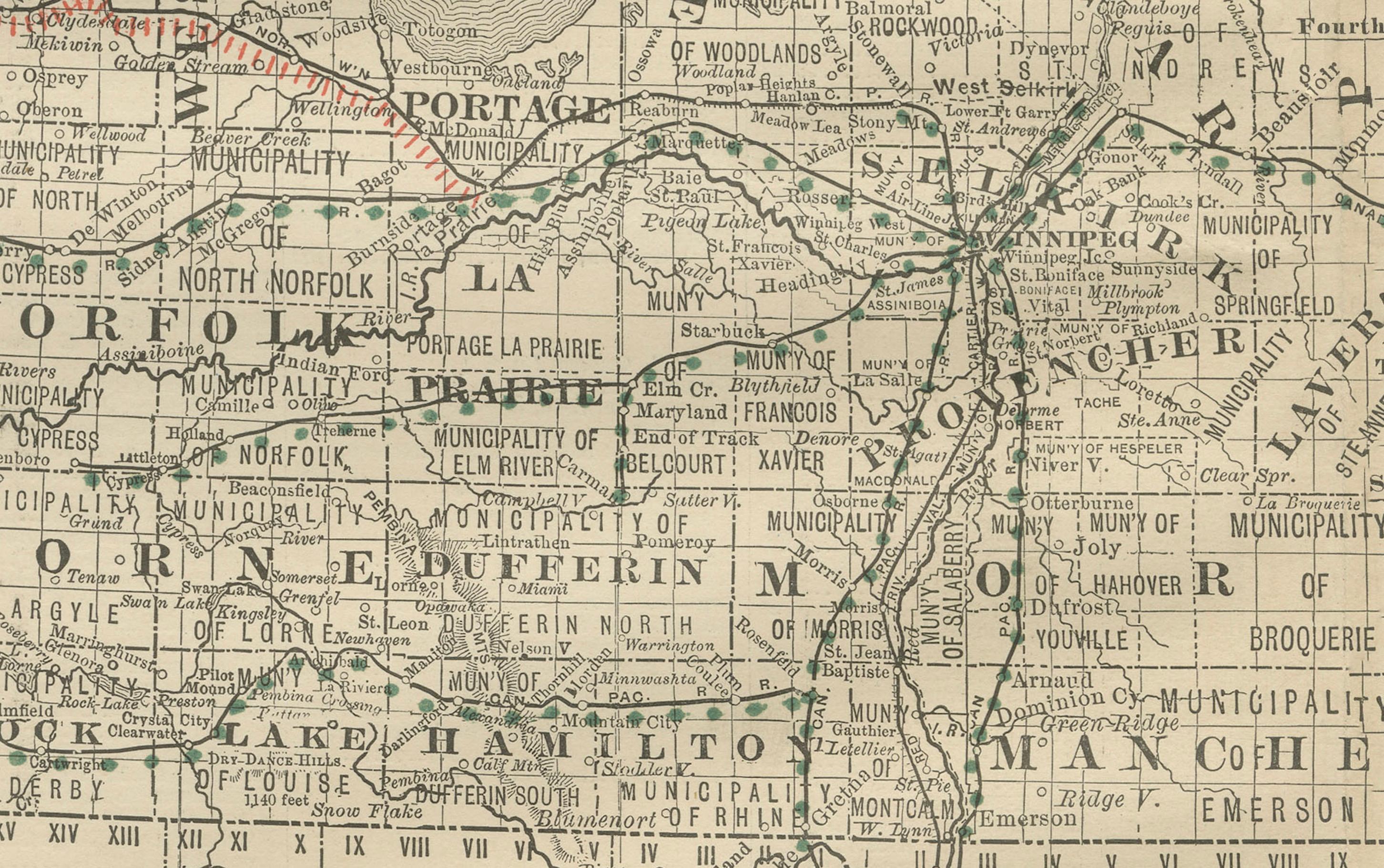 Mappa antica di Manitoba, Canada - Rand McNally, circa 1888

Descrizione:
Questa antica mappa di Manitoba è stata pubblicata da Rand, McNally & Co. intorno al 1888. Offre uno sguardo dettagliato sulla provincia durante un periodo di rapido