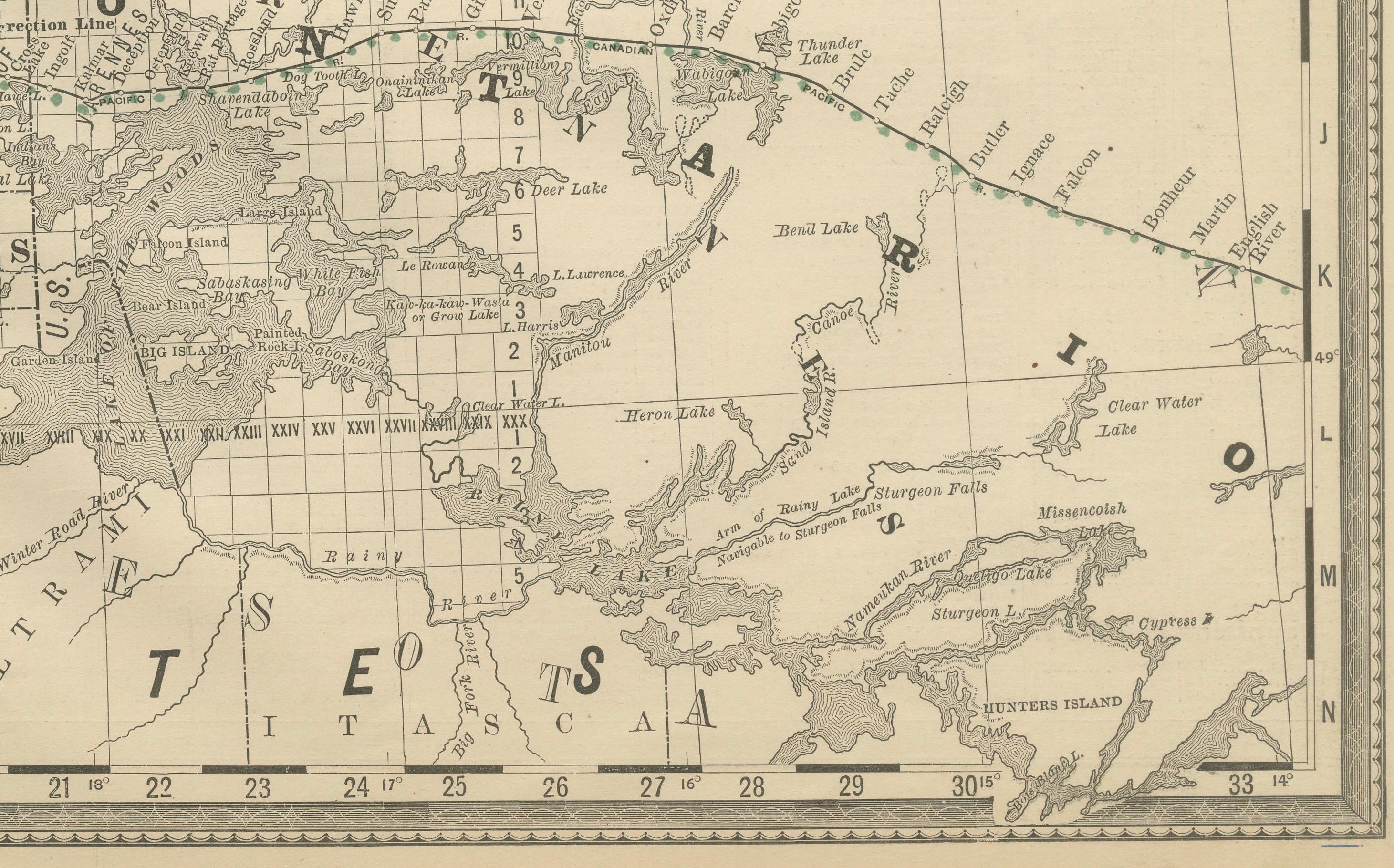 Inciso Mappa ferroviaria antica di Manitoba del 1888 circa - Città e paesi della provincia di Keystone in vendita