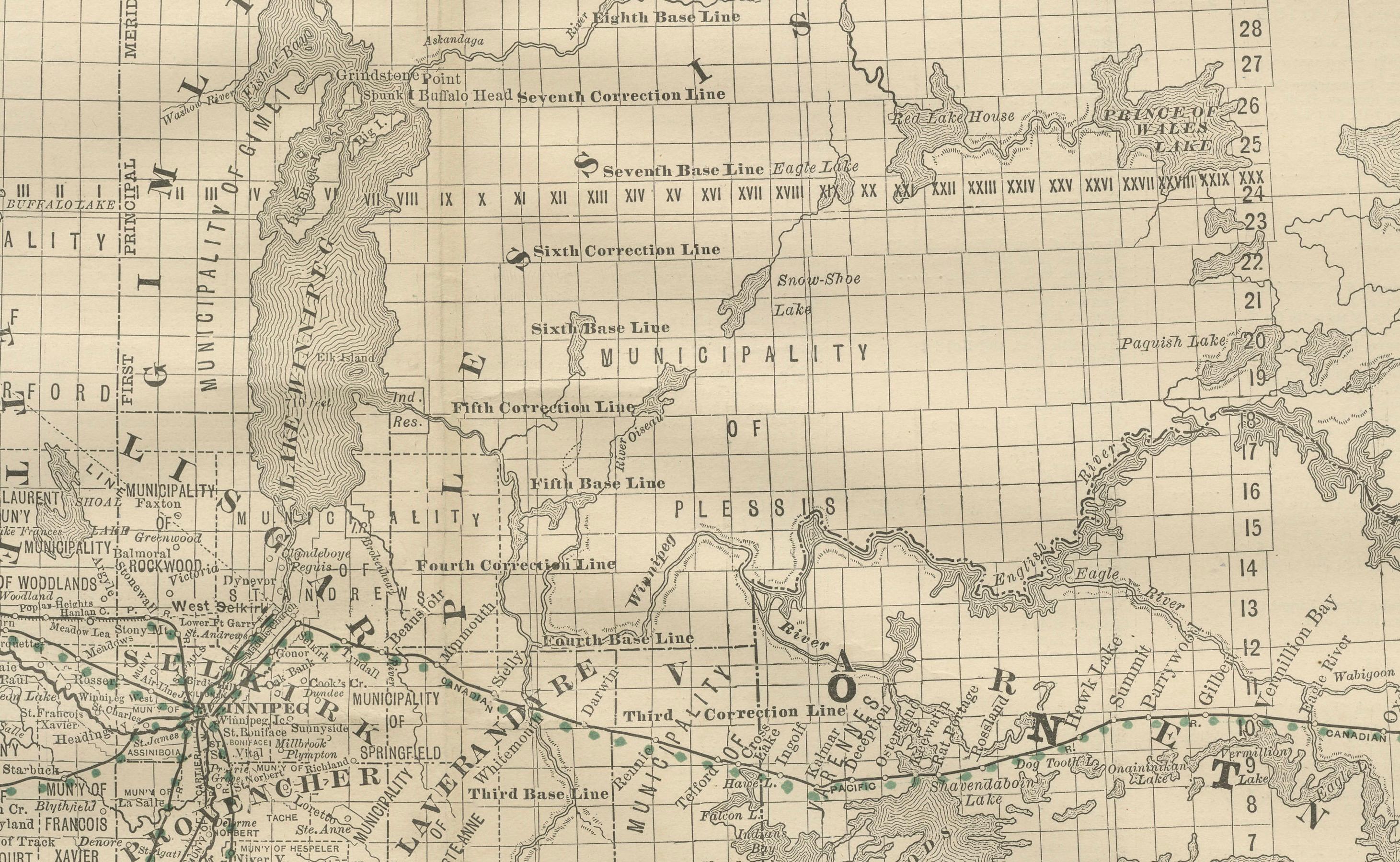 Mappa ferroviaria antica di Manitoba del 1888 circa - Città e paesi della provincia di Keystone In condizioni buone in vendita a Langweer, NL