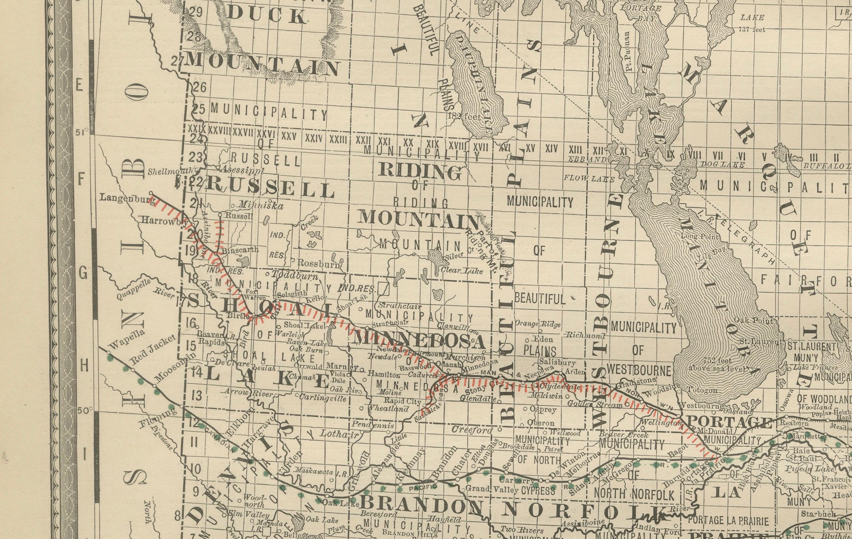 Mappa ferroviaria antica di Manitoba del 1888 circa - Città e paesi della provincia di Keystone in vendita 1