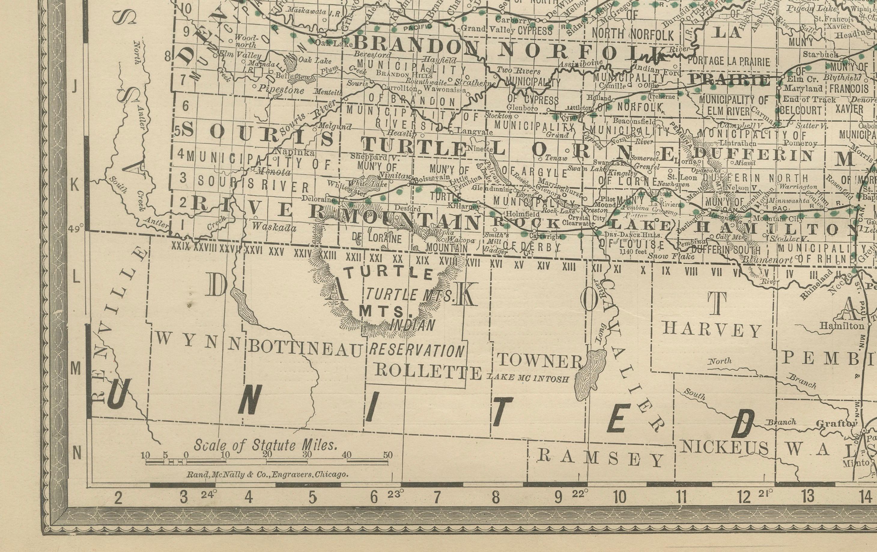 Mappa ferroviaria antica di Manitoba del 1888 circa - Città e paesi della provincia di Keystone in vendita 2