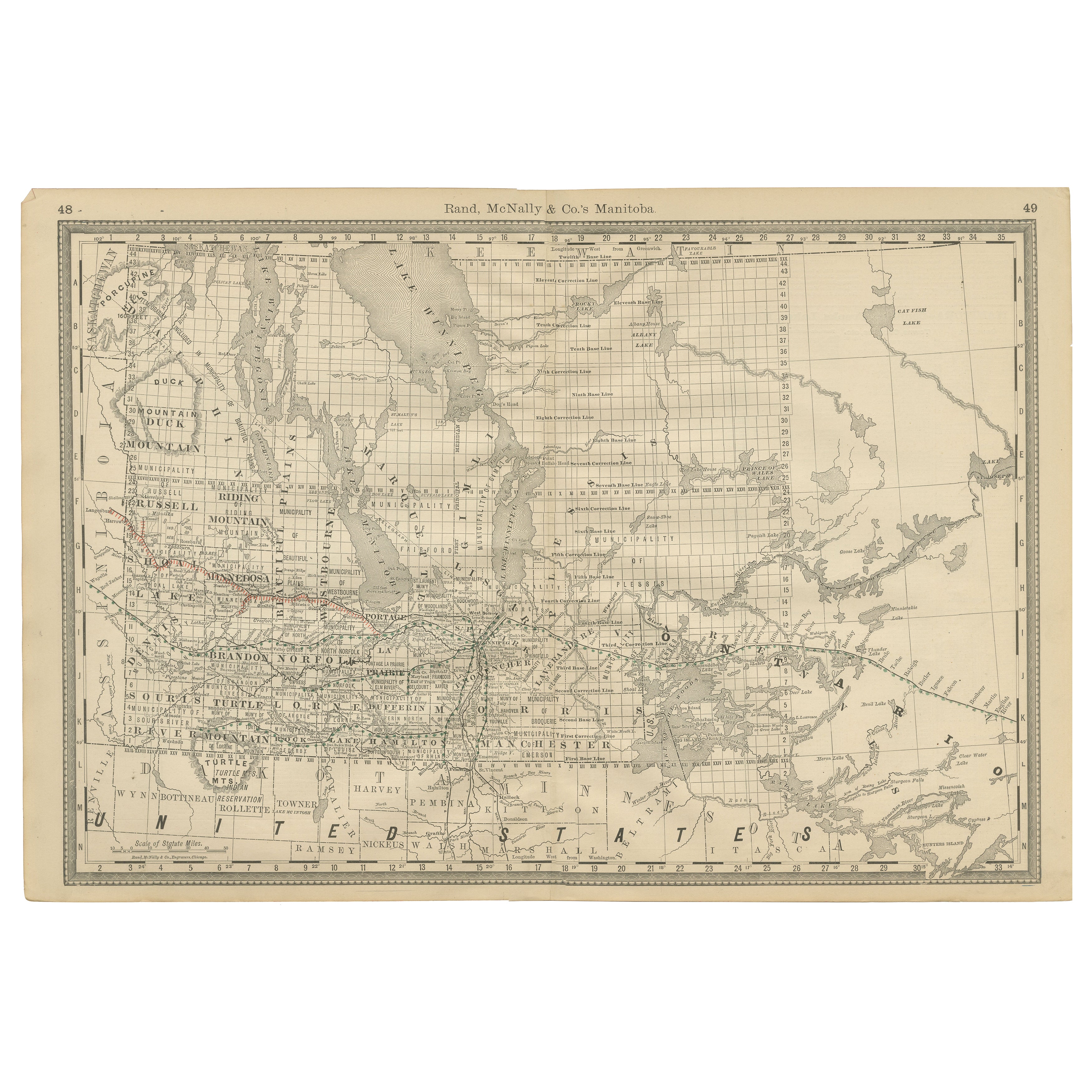 Manitoba Antique Railroad Map c.1888 - Keystone Province Cities & Towns en vente