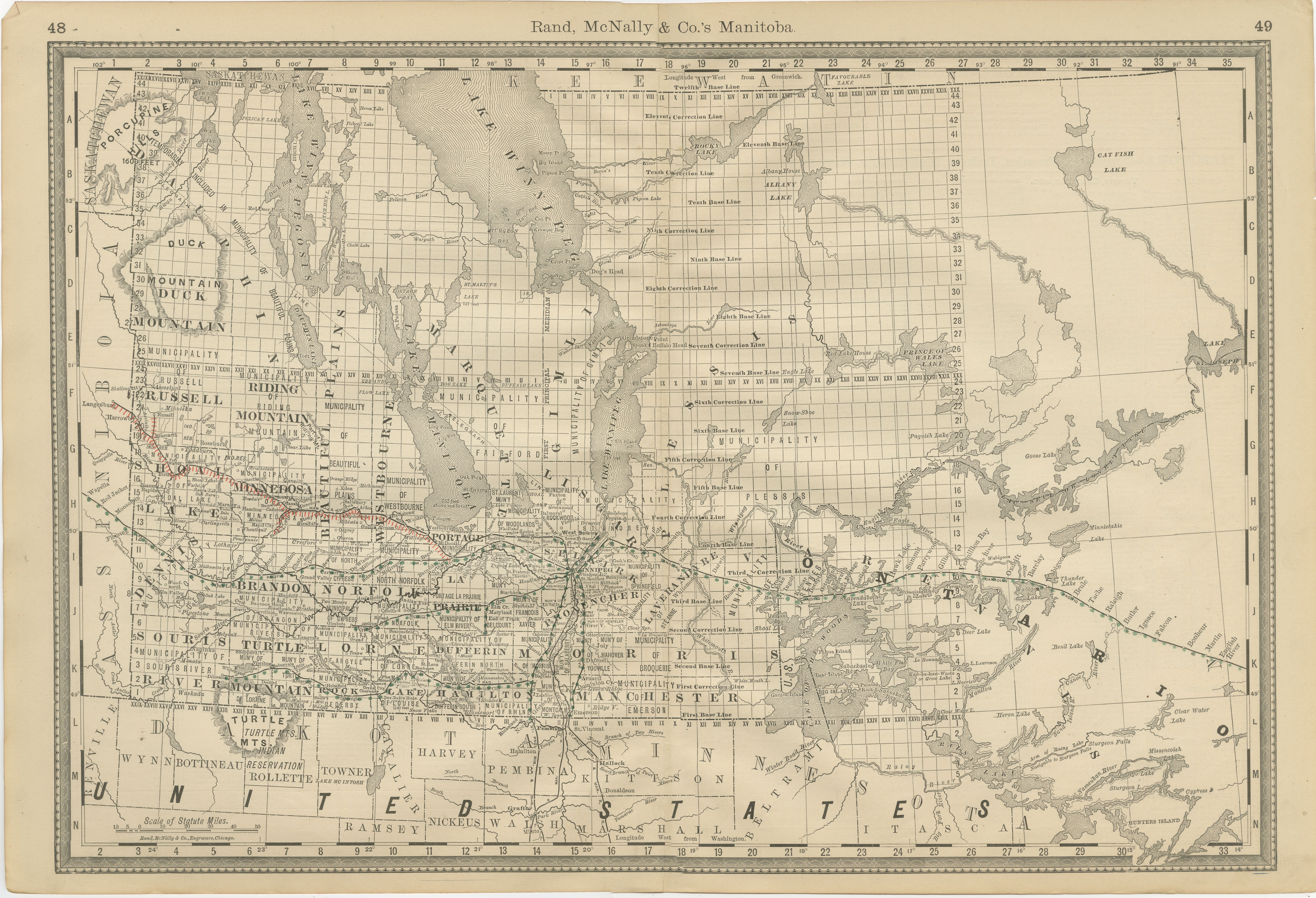 Mappa ferroviaria antica di Manitoba del 1888 circa - Città e paesi della provincia di Keystone