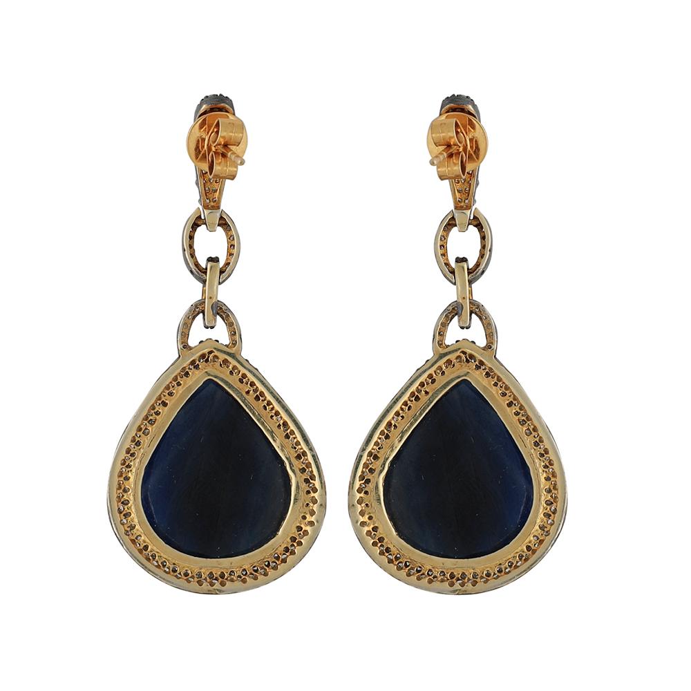 Manjrie Blue Sapphire Single-Cut Diamond 18k Gold Victorian Dangle Earrings (Viktorianisch) im Angebot