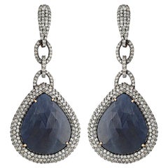 Manjrie Blue Sapphire Single-Cut Diamond 18k Gold Victorian Dangle Earrings