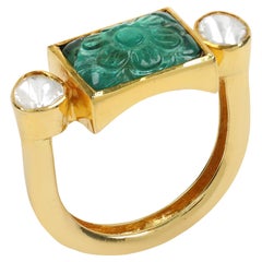 14 Karat Yellow Gold Rectangle Ring with Uncut Diamonds and Emerald